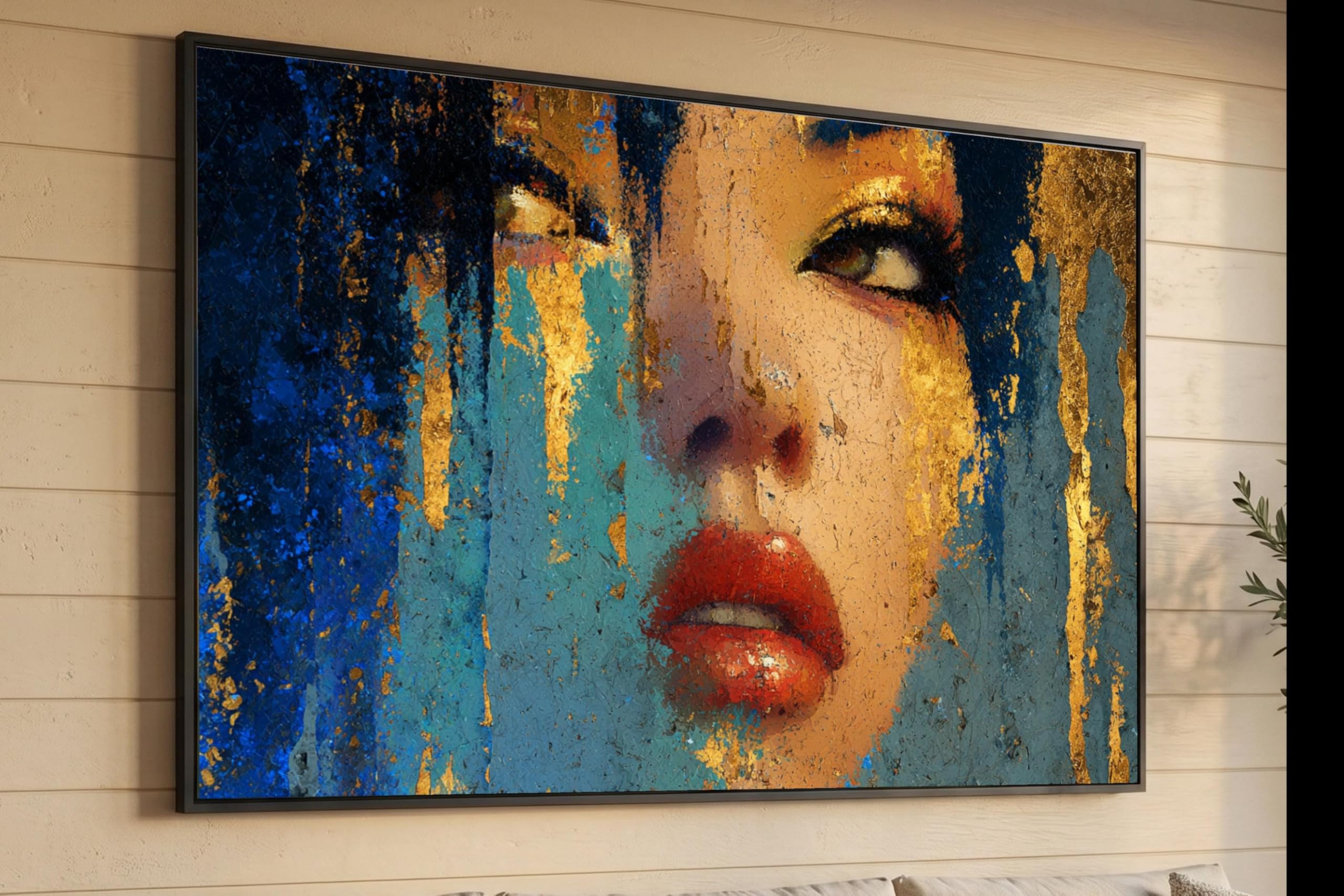 YUSUZHU Woman Portrait Canvas, Textured Face Painting, Blue Gold Art, Wall Decor, Impressionist Canvas Wall Art,Contemporary Home(60x90cm/Frameless)