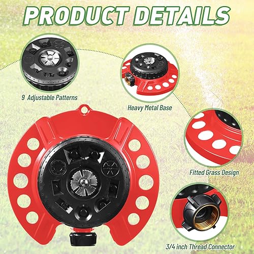 Miniatura 4 de 2 aspersores de césped de 9 patrones, rociadores pequeños estacionarios de agua de 360 grados, base decorativa de metal resistente para regar áreas
