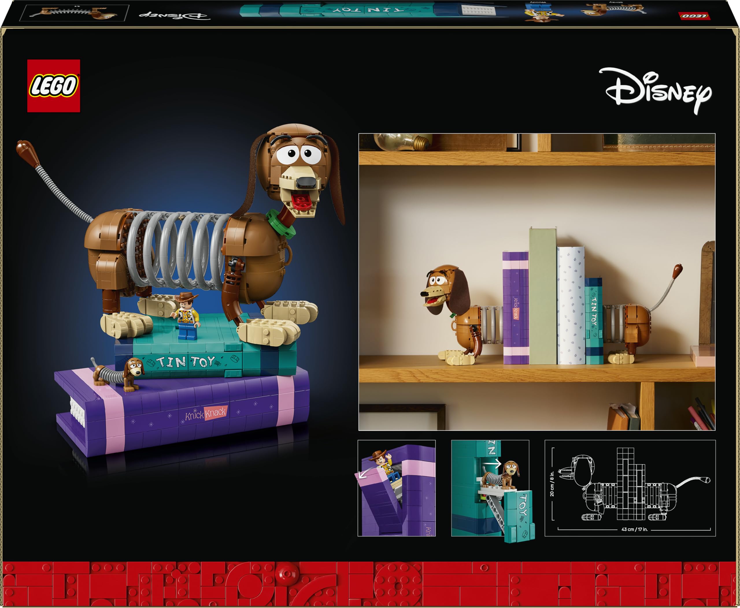 LEGO | Disney Pixar Fermalibri di Slinky Toy Story - Kit di Modellismo per Adulti - Reggi Libri per Libreria - Decorazione con Minifigure di Woody e Figura di Bassotto - Regalo Creativo per Fan 43301