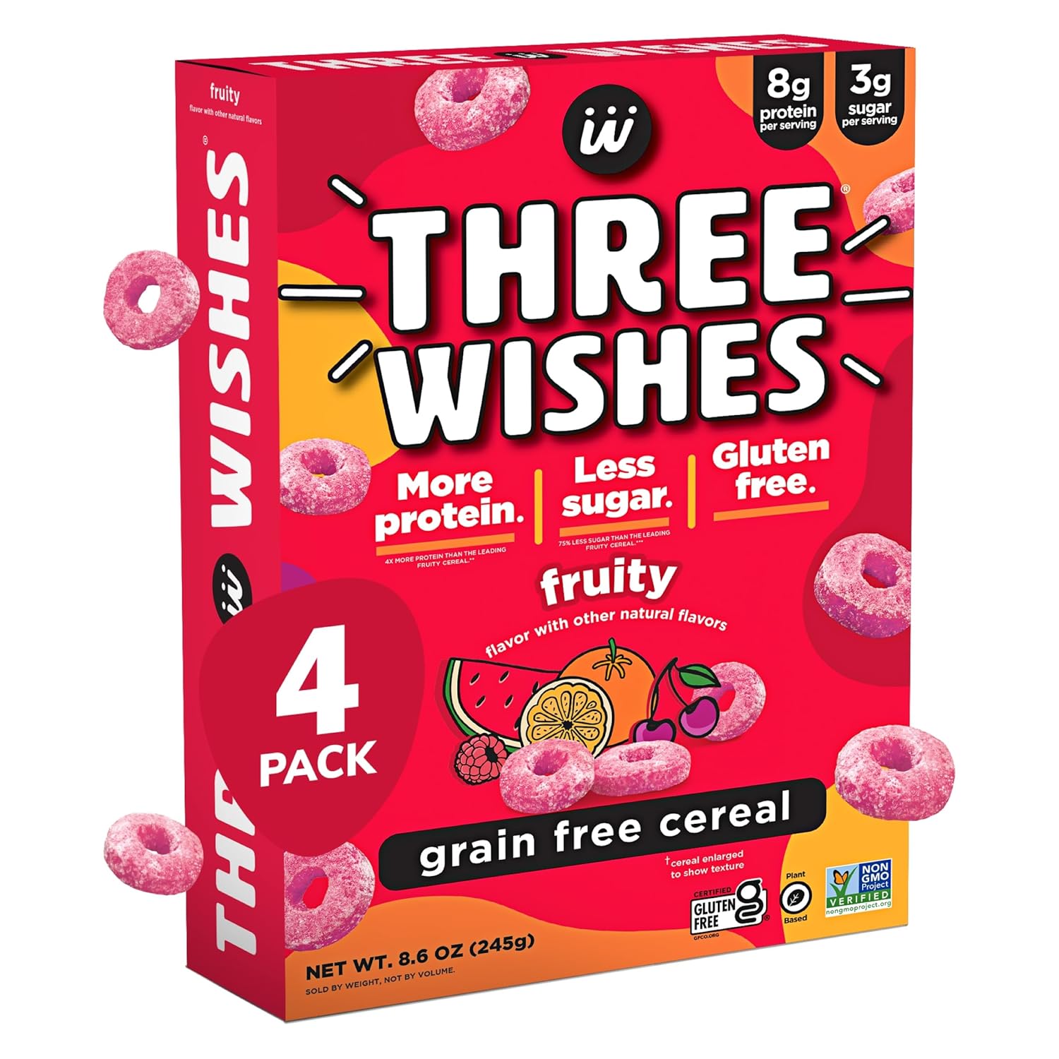 Three Wishes Grain-Free & Protein Cereal - Healthy, Low Sugar & Gluten-Free Breakfast Cereal - Low Carb, Plant-Based, Vegan & Non-GMO - Fruity, 4-Pack