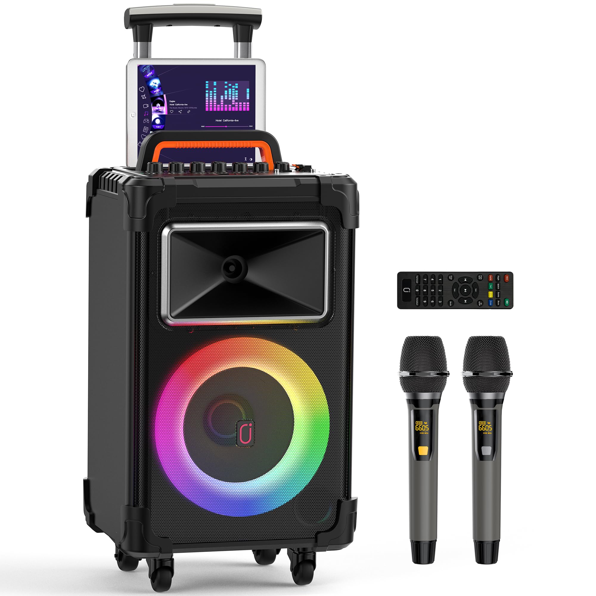 AN20 Karaoke Machine with 2 Wireless Microphones, Bluetooth PA System with 10'' Subwoofer, Vocal Cut, Sound Effects, LED Lights, Treble/Bass Adjustment (Dark black)