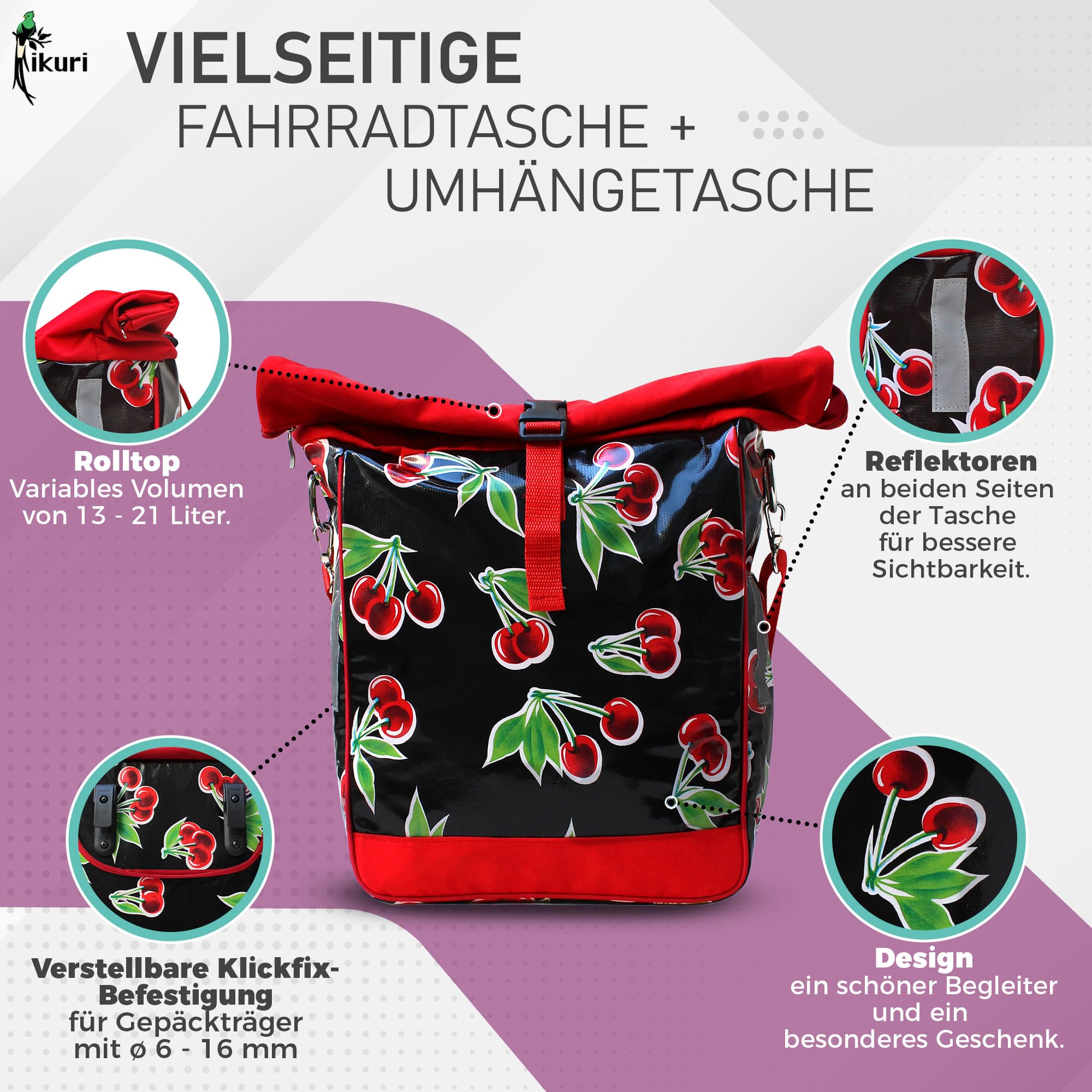 Ikuri Fahrradtasche für Gepäckträger Satteltasche Einzeltasche Packtasche, abnehmbar, mit Tragegurt zum Umhängen, aus Wachstuch, UNISEX, Wasserdicht