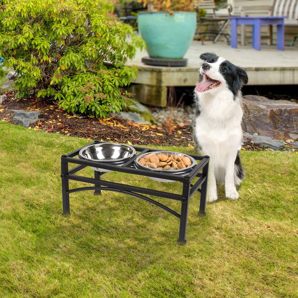 Cuenco elevado para perros y mascotas, doble acero inoxidable, platos extraíbles con soporte para alimentar alimentos y agua (apto para perros medianos, 1 cuarto de galón)
