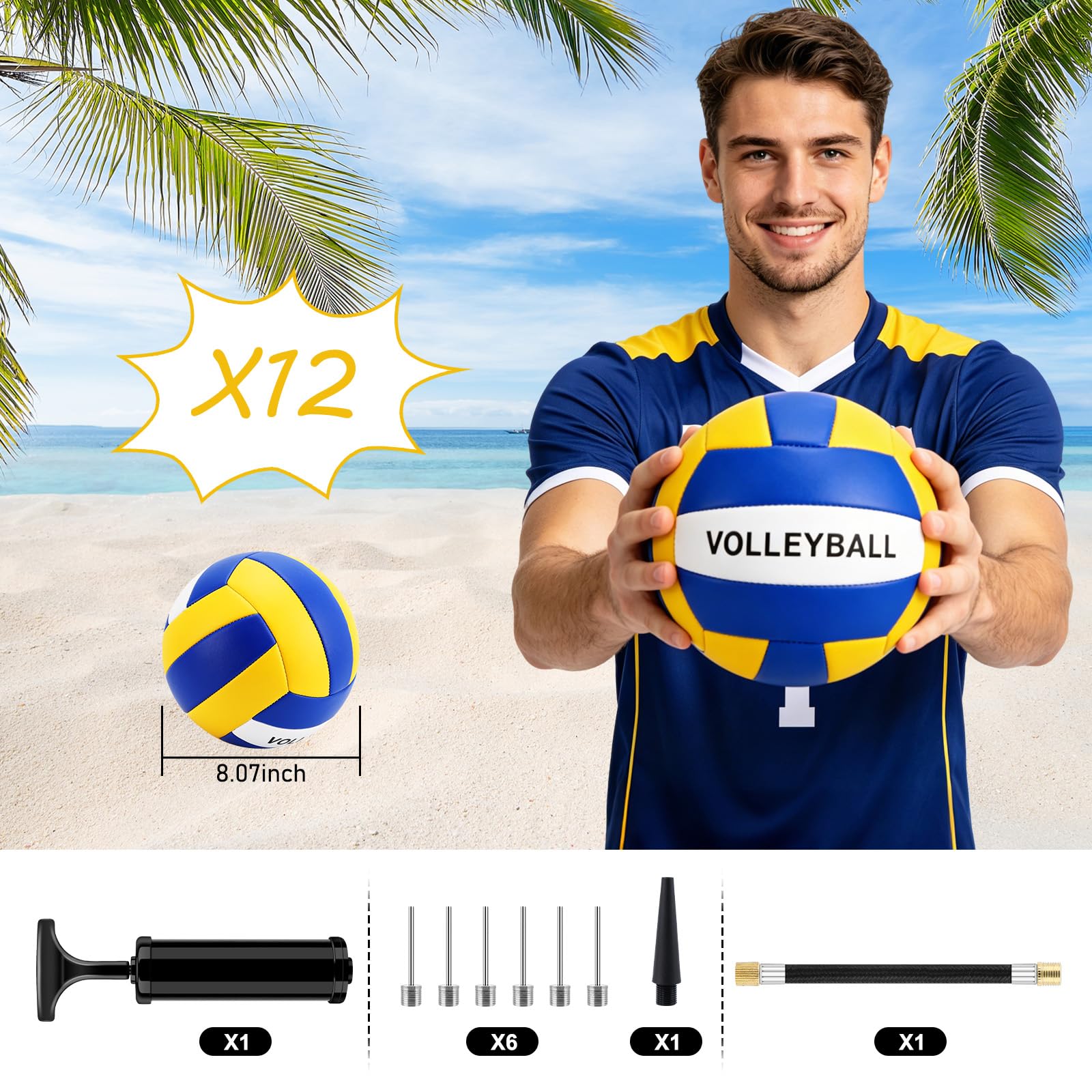 SIKEMAY Volleybälle, offizielle Größe 5, mit Pumpe, für drinnen und draußen, Strand, Sand, Pool, Wasserspiel, Training, Match für Anfänger, Wettbewerb, für Erwachsene, Damen, Herren, 12 Stück