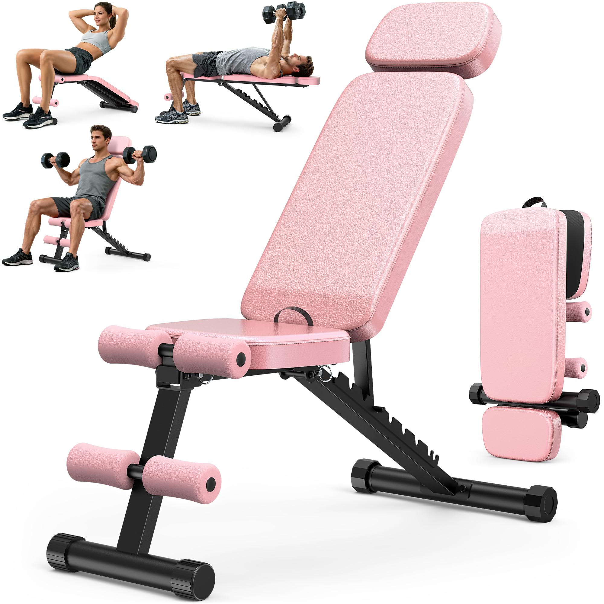 Workout Bench, 10 Backrests Adjustable Weight Bench with Extended Headrest, 800LBS Foldable Weight Bench for Home Gym, Incline Decline Flat Bench Compact for Small Space Training