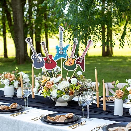 Miniatura 5 de Centros de mesa de guitarra de rock, tocadiscos de guitarra, decoración de fiesta de cumpleaños de rock and roll, notas musicales, estrellas,