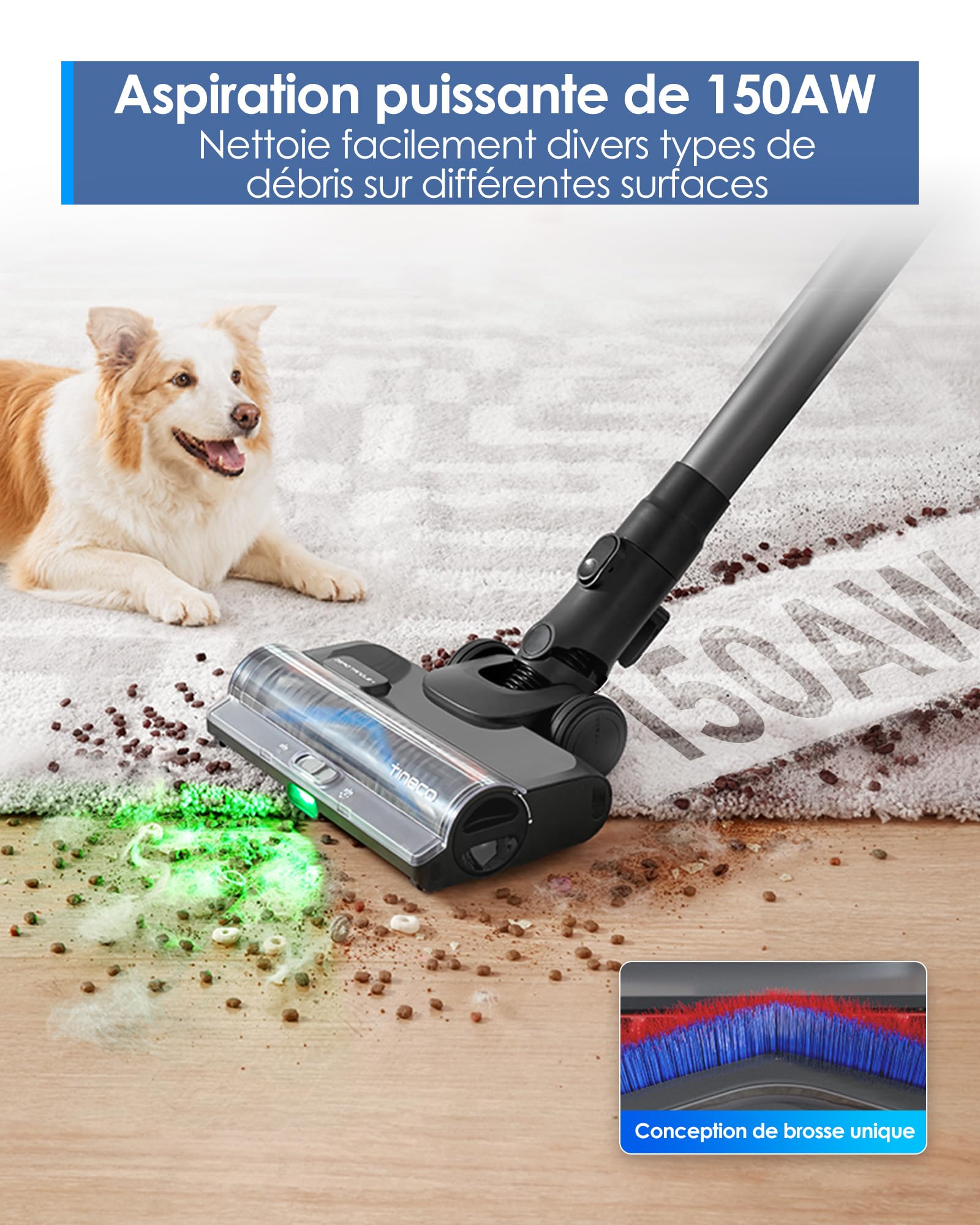 Tineco Pure One S50 Aspirateur Balai sans Fil 150AW 95Min ClogLess LED Vert | Brosse ZeroTangle réduit de 99% les nœuds de cheveux, Filtration 6 étapes capte 99,99% des particules fines des 0,3 microns