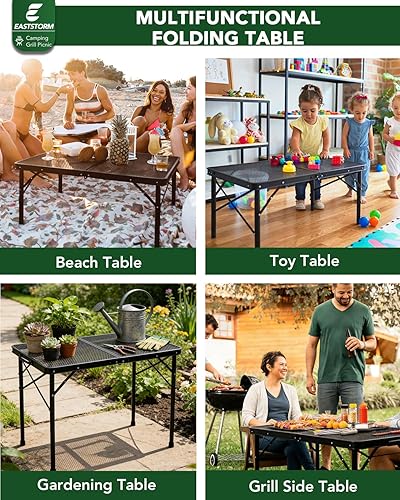 Miniatura 8 de Mesa plegable de 3 pies con altura ajustable (16.5" y 26"), mesa de malla de metal negro con asa de transporte, portátil para campamento, fiestas