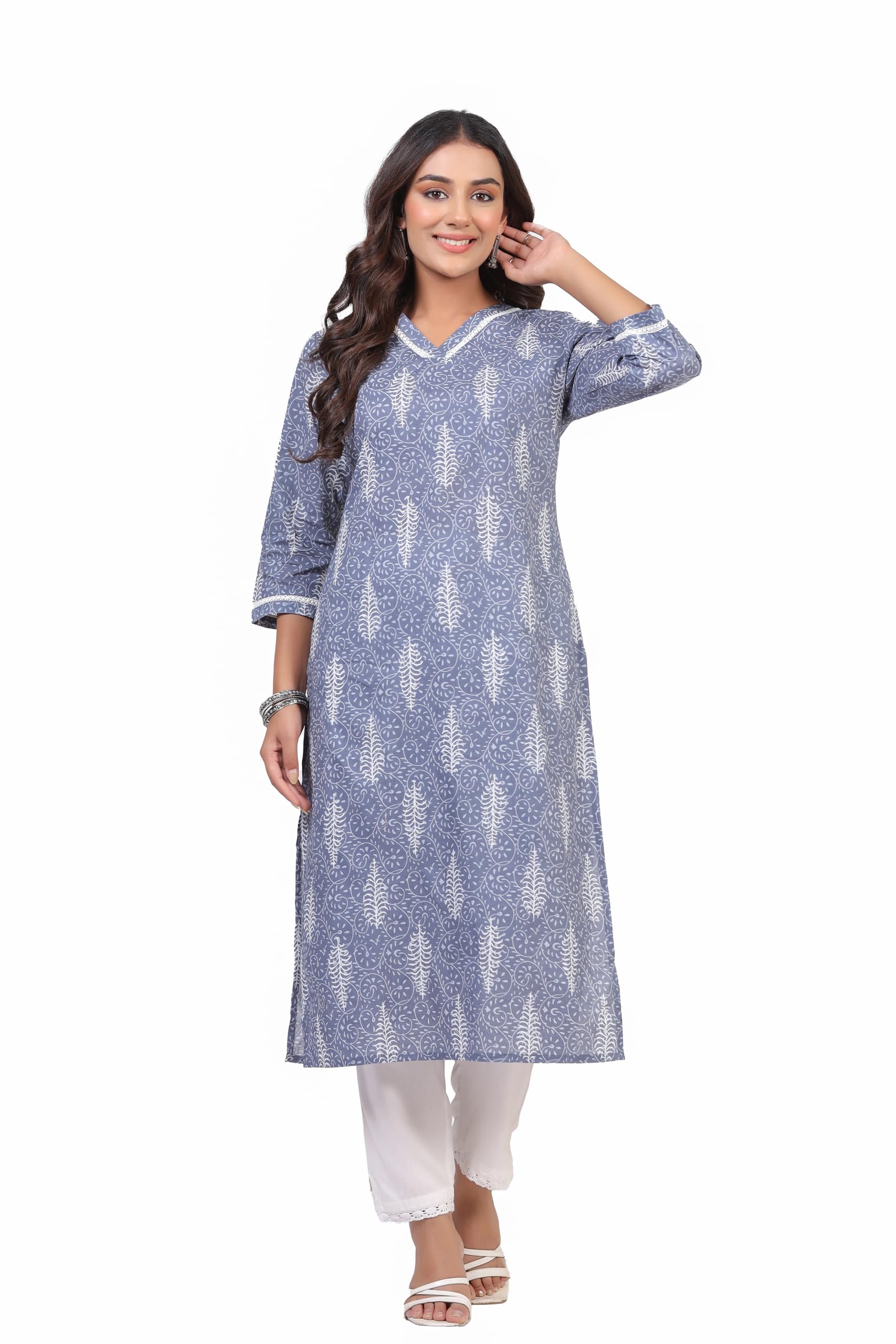 ichaa Women’s Cotton Printed Kurta with V-Neck | 3/4 Sleeve Straight Kurta-picture-50