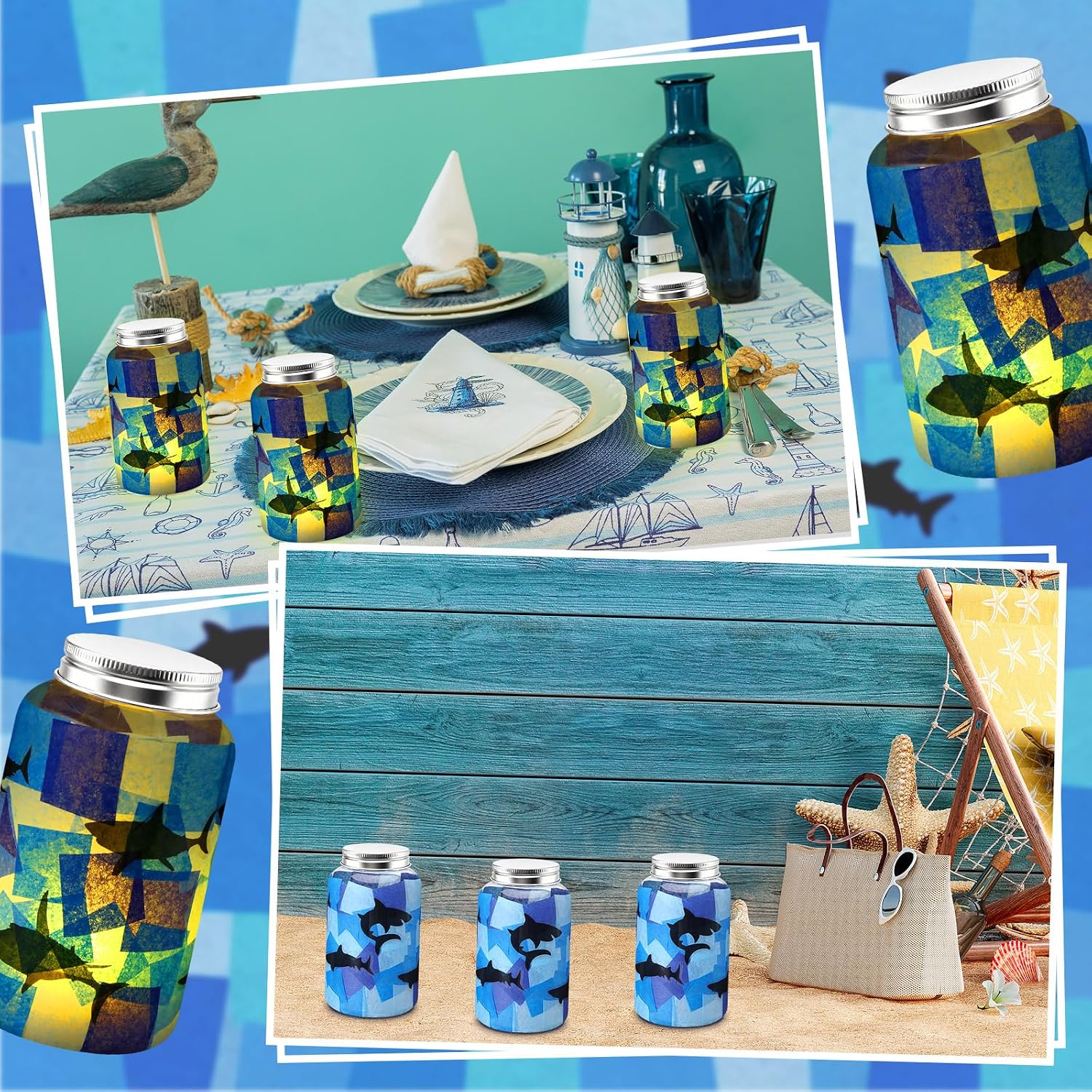 Qinyoung 12 Pcs Summer Shark Crafts Shark Mason Jars Crafts with LED Candle Light DIY Suncatchers Decoration Make Your Own Under the Sea Mason Jars Supplies for Summer Home Classroom Projects Activity