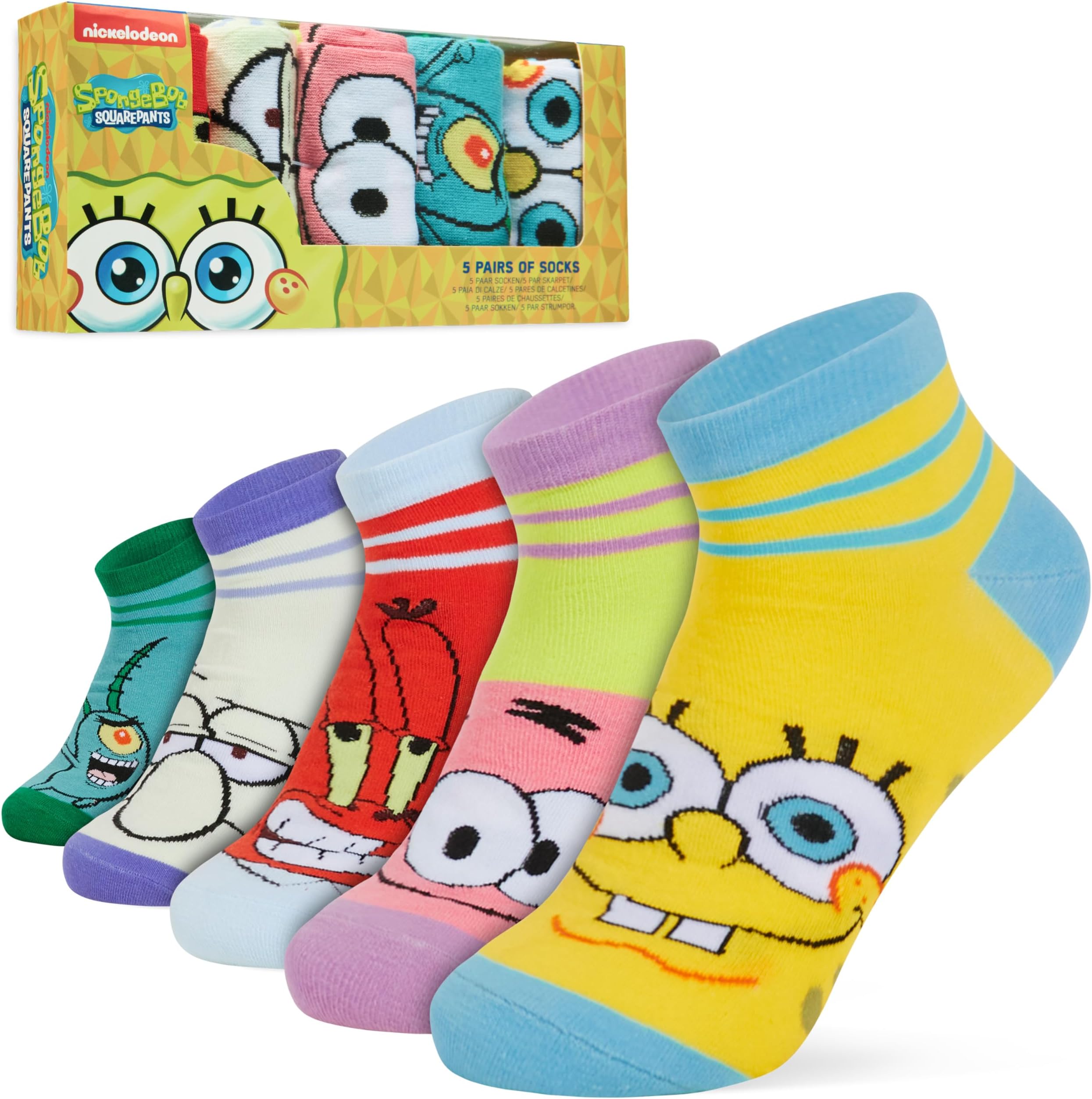 SPONGEBOB SQUAREPANTS Ankle Socks for Men & Teens US Size 7-11, Pack of 5 Casual Work Socks, Soft & Breathable, Gifts for Men