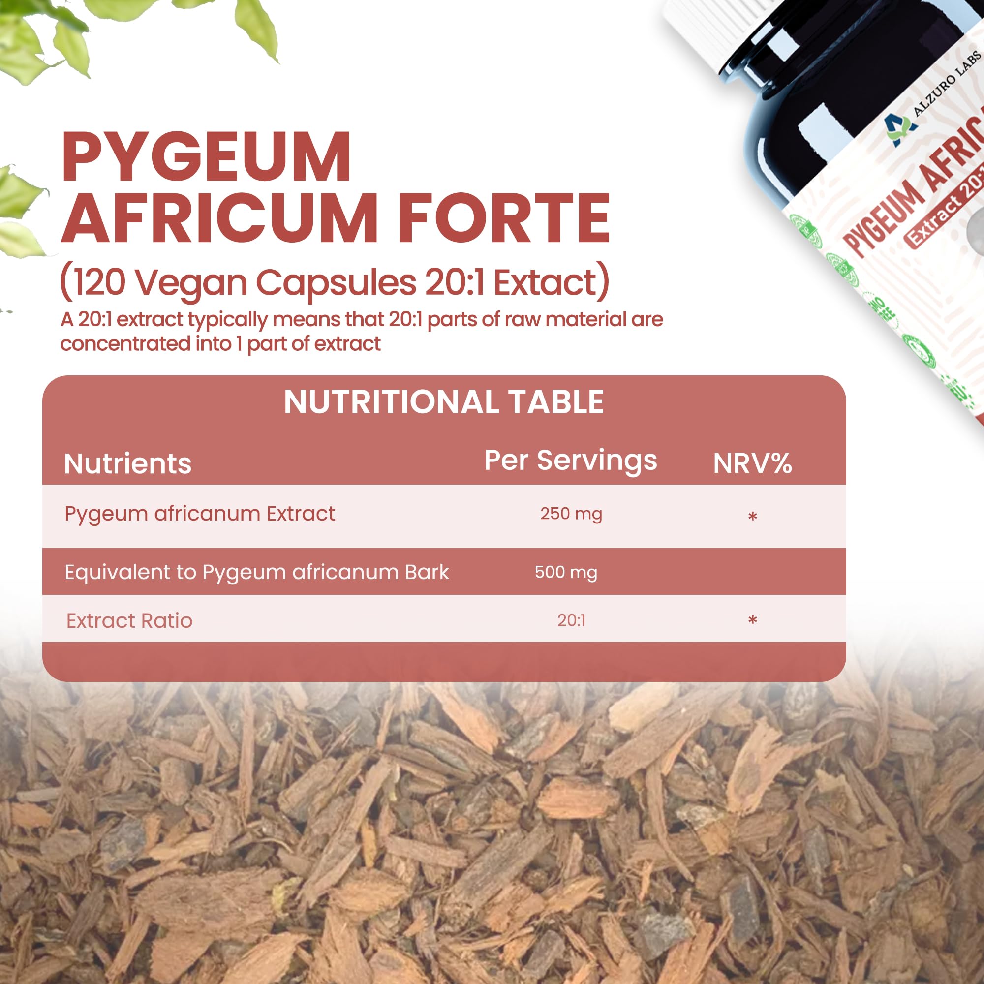 Pygeum Africanum | 5.000 mg Equivalente | Extracto de Corteza 20:1 250 mg (13% fitosteroles) | 120 Cápsulas Veganas | Prunus africana | GMP & Probado por Laboratorio Independiente