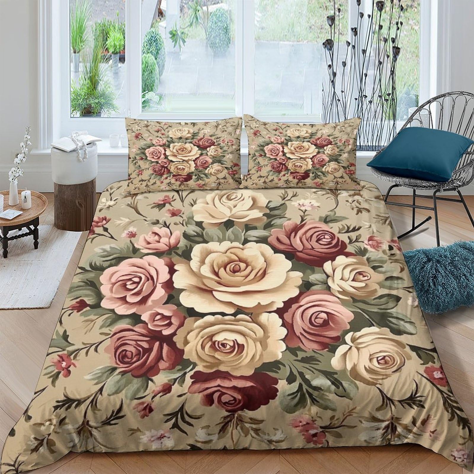 XFKLYNVCJ 3D Printed Roses bouquet Bedding Cover Microfiber Vintage floral design_ Quilt Cover Hypoallergenic Easy Care for College Dorm Teenagers Student Daily Bedding Use King（220x240cm）