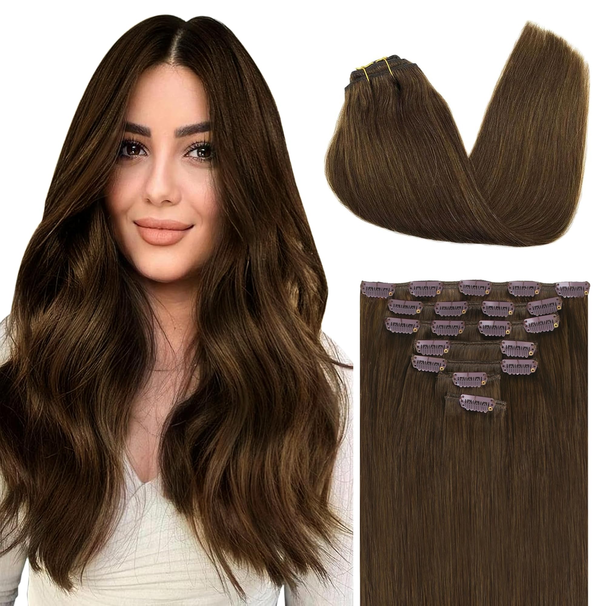 GOO GOO Clip in Hair Extensions Real Human Hair, 14inch 120g 7Pcs, #4A Chocolate Brown, Remy Human Hair Extensions Clip ins for Women, Natural Human Hair