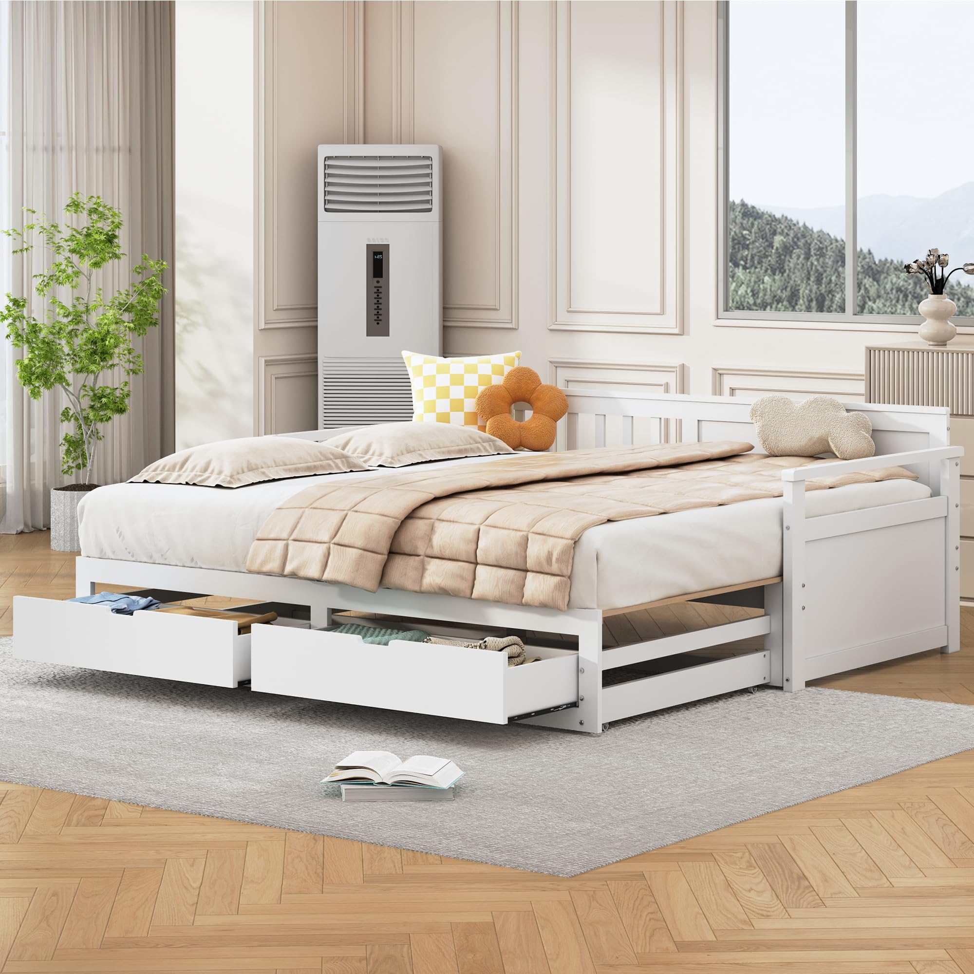 Zravenna Tagesbett 90 (180) x 190 cm, Bett Ausziehbar zum Doppelbett, Ausziehbett Gleiche Höhe, Massivholzbett mit 2 Schubladen (Weiß) Küche, Haushalt & Wohnen