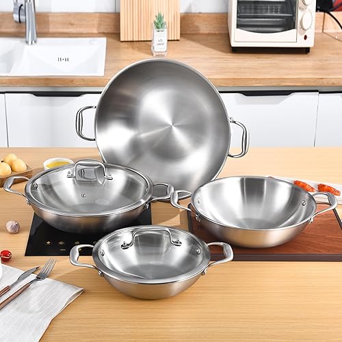 Miniatura 4 de Sartén wok de acero inoxidable de tres capas de 10 pulgadas con tapa, sartén profunda de 2.8 cuartos de galón, olla jumbo, sartén de inducción, apta