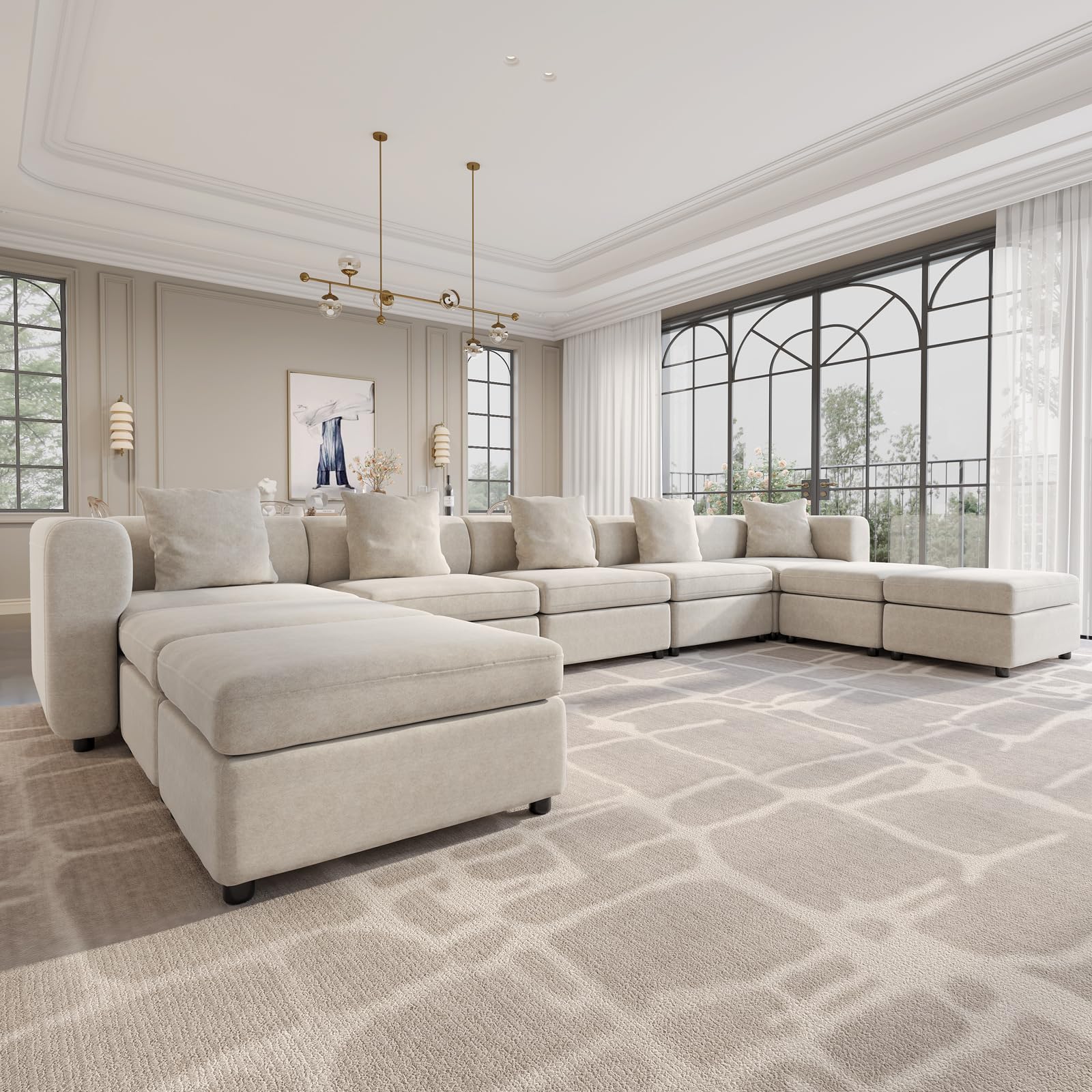 183.46" U Shaped Modular Sectional Sofa with 5 Pillows, Upholstered Sectional Couches for Living Room, Modern Comfy 9-Seater Couch with Storage Ottoman, Deep Seat Sofa with Chaise, Beige