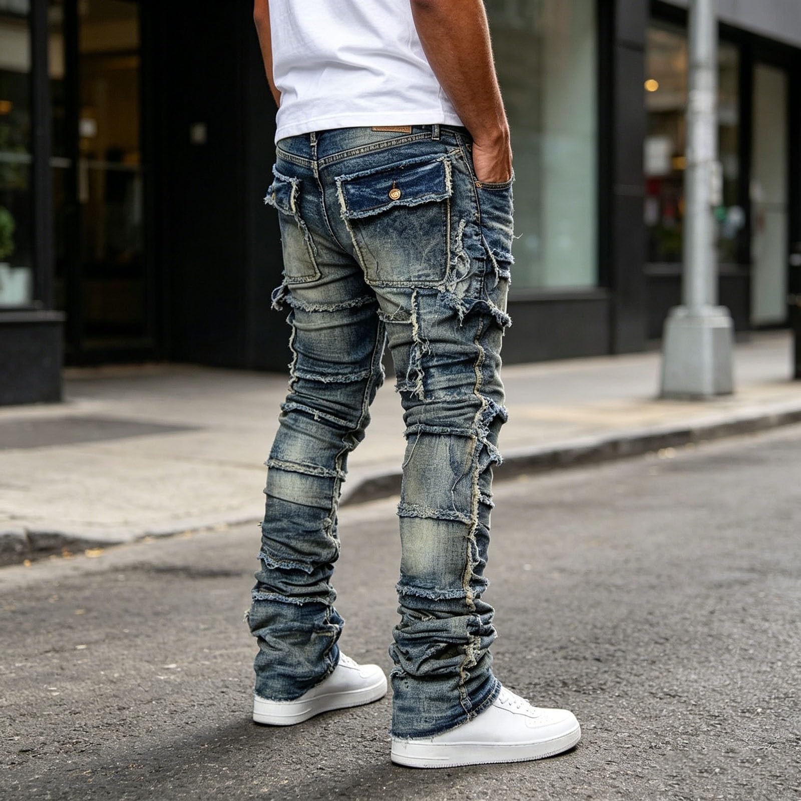 Jeans da uomo elasticizzati, slim fit, look usato, per il tempo libero, gamba larga, strappati, comodi, elasticizzati, stile punk, per attività all'aperto, hip hop, Harajuku, streetwear