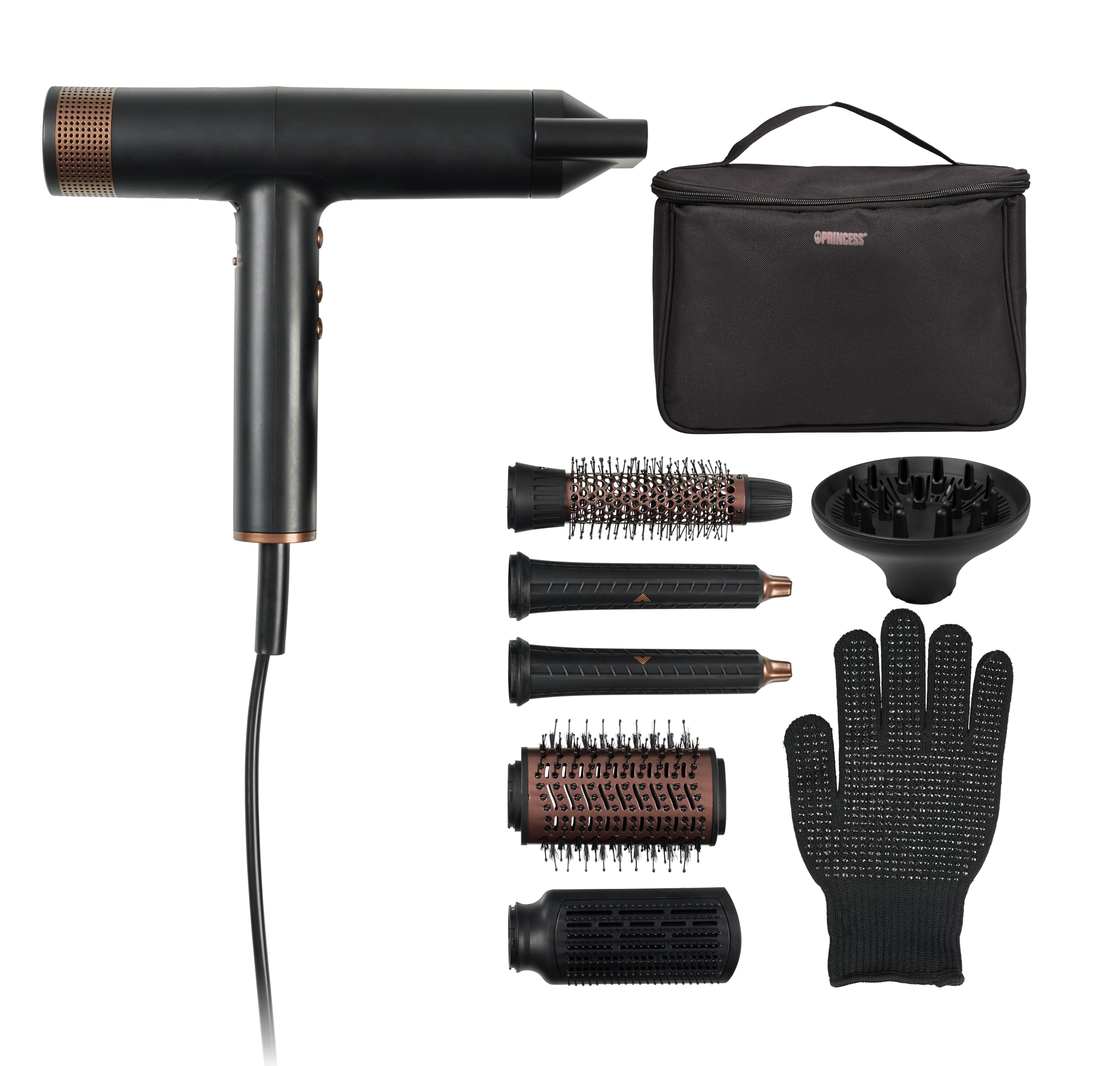 Princess Airstyler Pro, 7-in-1, 3 Livelli di Calore e Velocità, Funzione Ionica, Cool Shot, Cavo 1,8m, Custodia da Viaggio, 7 Accessori, Guanto Termico, Motore BLDC, 2000 W, 01.529205.01.001