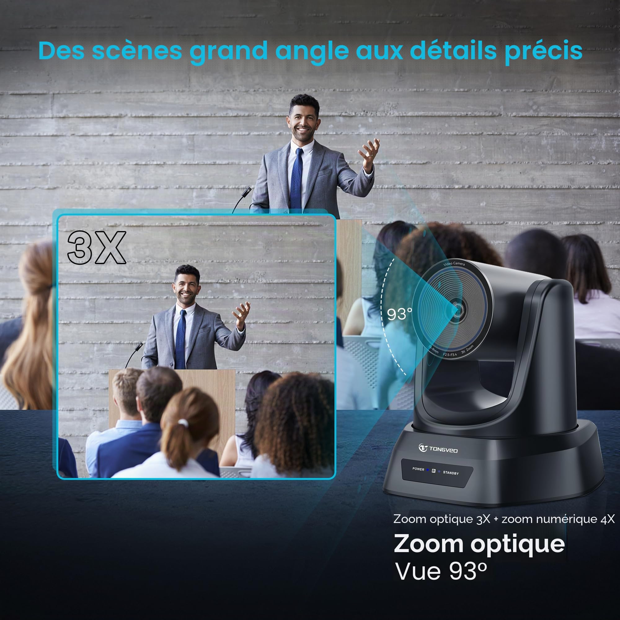 TONGVEO Caméra PTZ AI Auto-Tracking Zoom Optique 3X HDMI USB 3.0 1080P 60fps Grand-Angle pour Visioconférence Streaming Direct Zoom Youtube Teams OBS et Plus