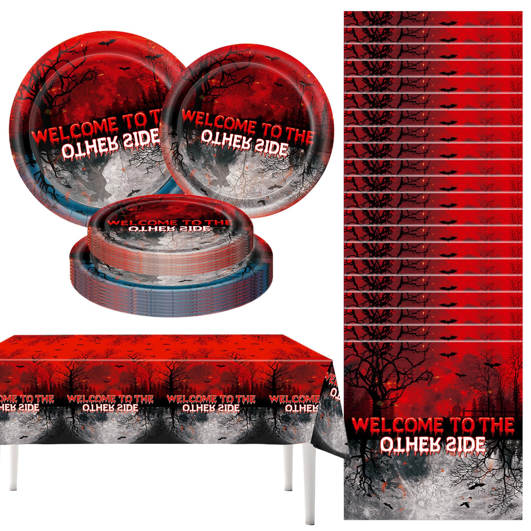 Spooky Forest Horror Stranger Birthday Decorations, 41 Pcs Red and Black Welcome to The Other Side Party Tableware Supplies Includes Tablecloth, Paper Plates & Napkins