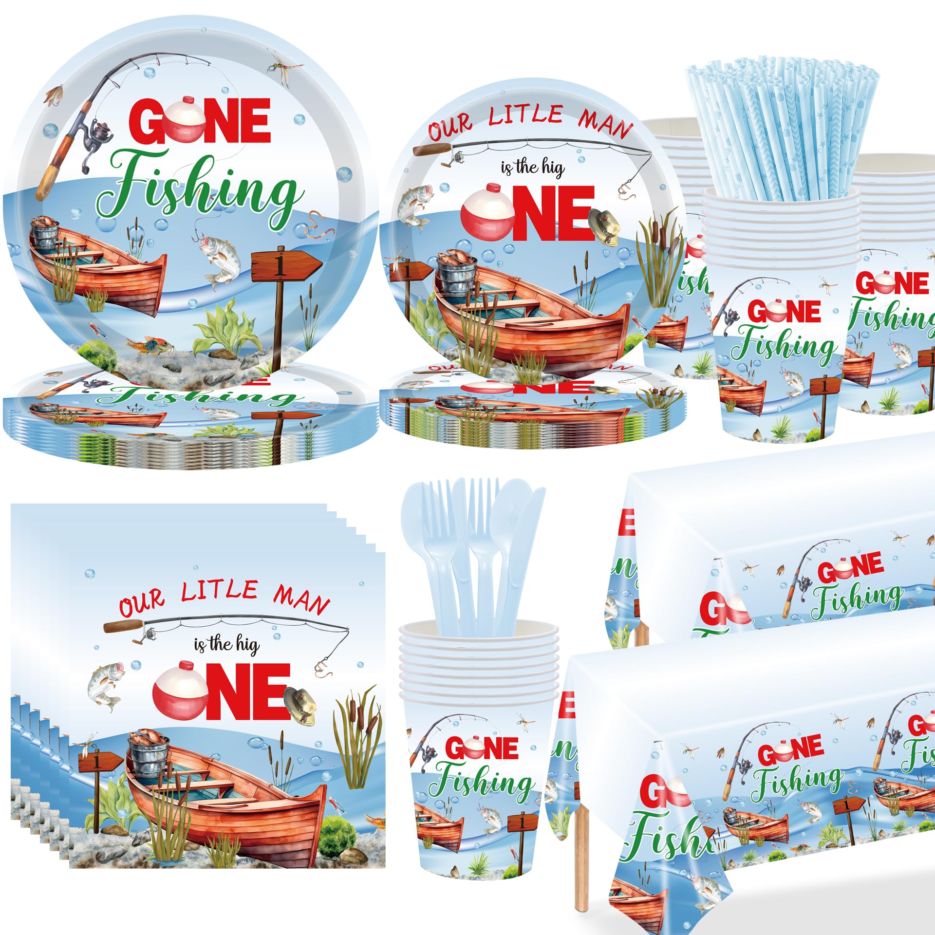TOYBY Gone Fishing Party Decorations, Gone Fishing Party Supplies with Little Fisherman Gone Fishing Themed Tablecloth, Plates, Napkins, Cups, Forks and Knives for Fishing Birthday Party Decoration