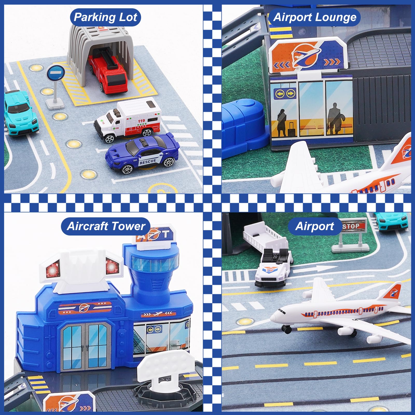 Airplane Car Toy Set for Toddler Airport Playmat with Helicopter Truck, Plane, Sign - Image 4