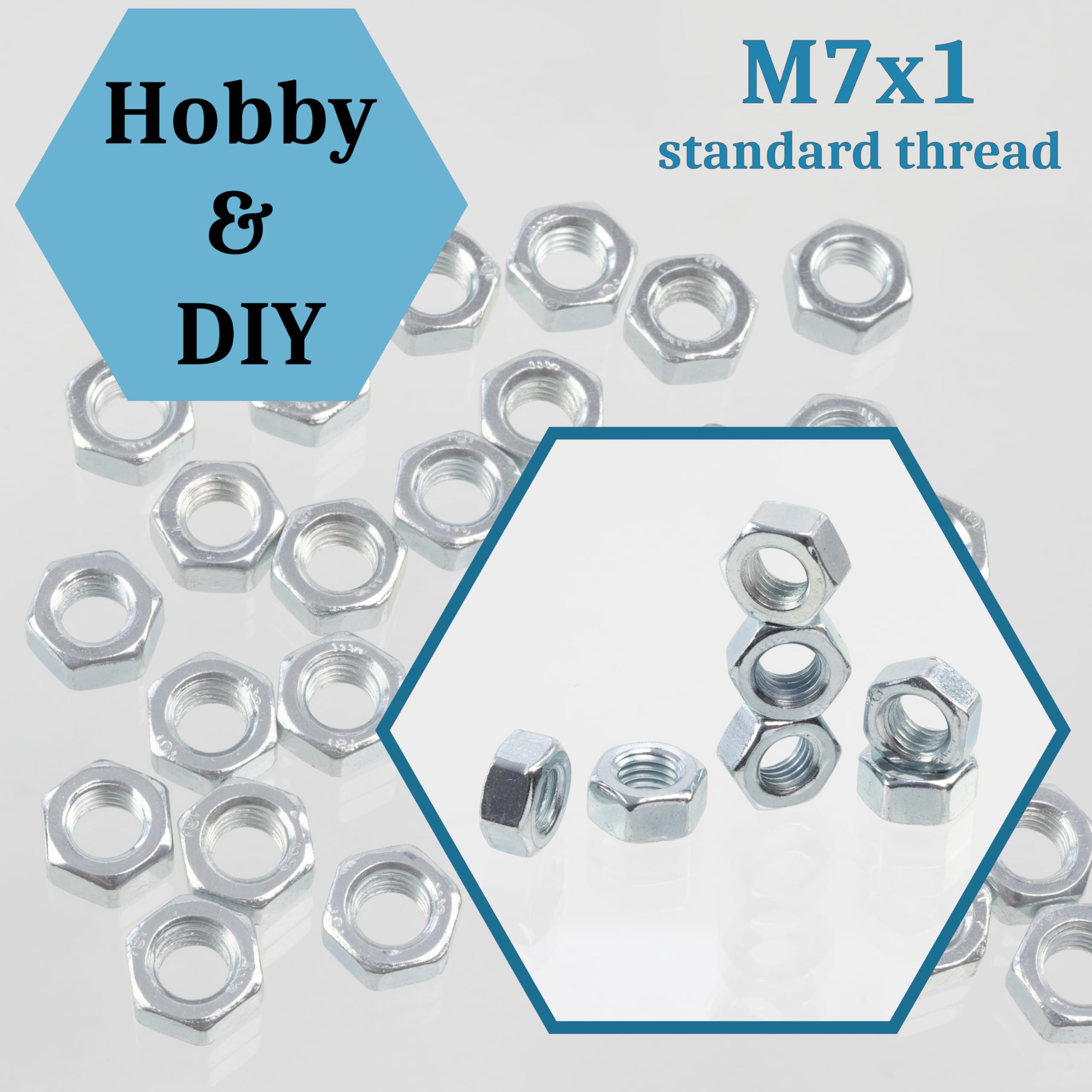 AERZETIX - Set di 30 Dadi esagonali M7x1mm a 6 lati con filettatura metrica - in acciaio zincato - colore argento - ideali per progetti fai da te elettronica e meccanica