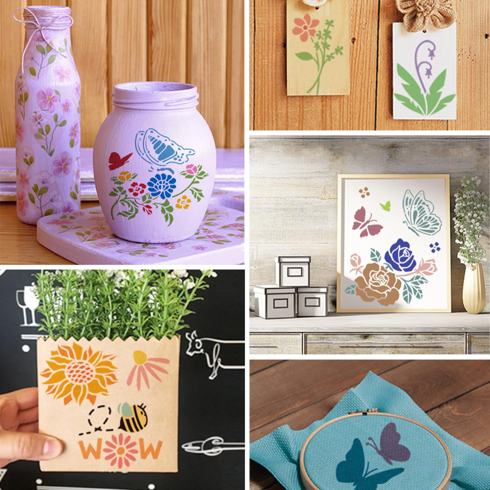 Lot de 64 pochoirs réutilisables 7,6 x 7,6 cm pour peinture plastique bricolage motifs fleurs feuilles