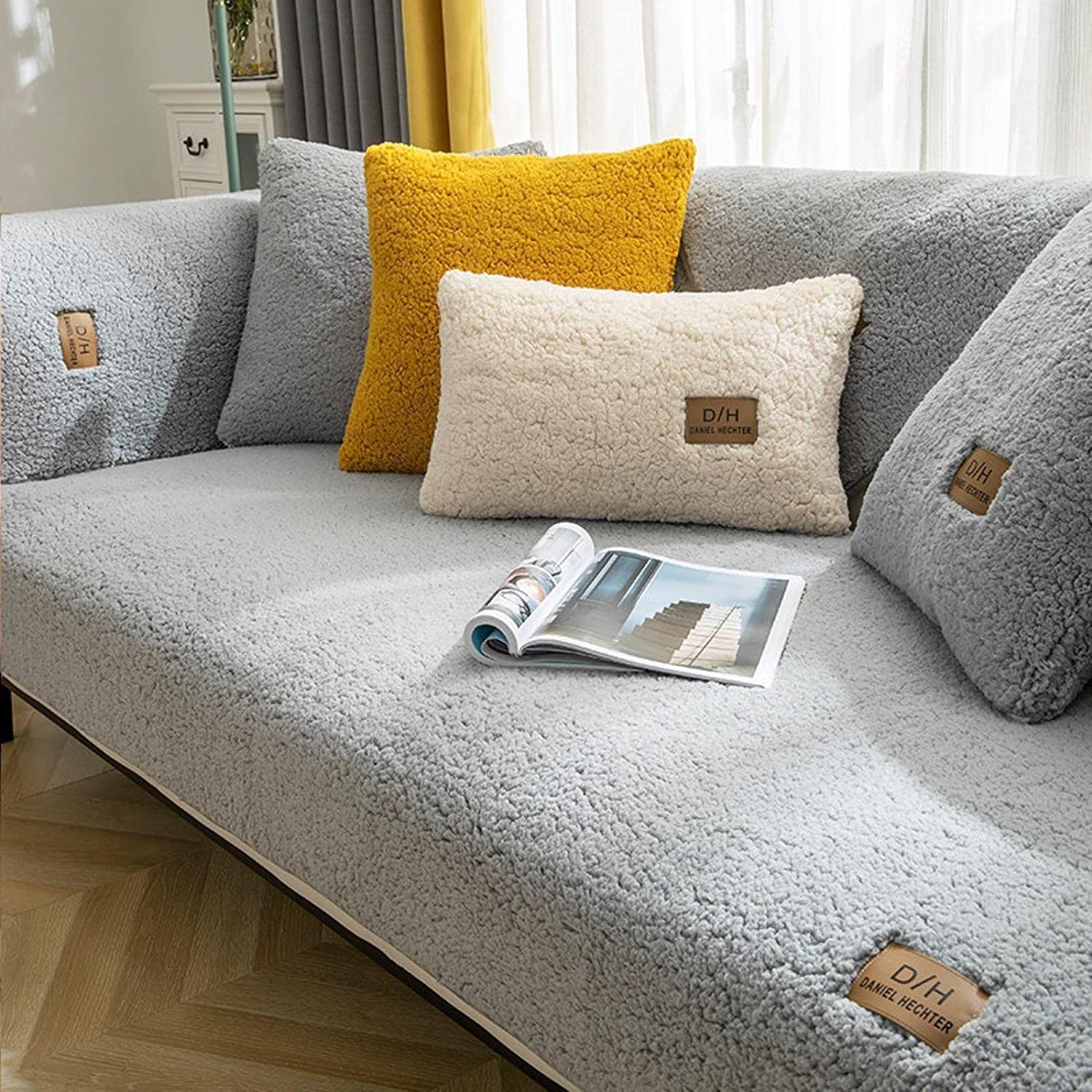 FASCINATDECO Sofa Cover Corner Sofa Slipcovers L Shape Couch Cover 1/2/3/4 Seater Velvet Sofa Protector Anti-slip Chaise Lounge Cover Washable for Sectional Couch (Grey,90x160cm)