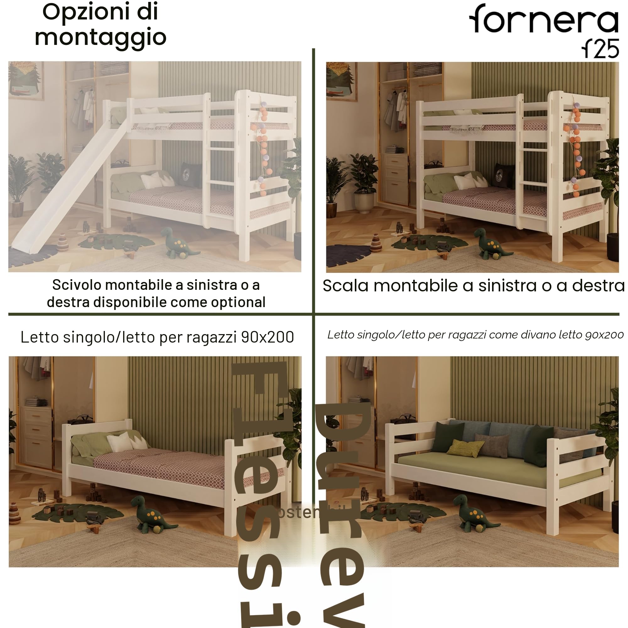 f25 - Letto a castello in legno massiccio di faggio, rete a doghe, letto a castello con doppio telaio, senza scivolo, laccato bianco