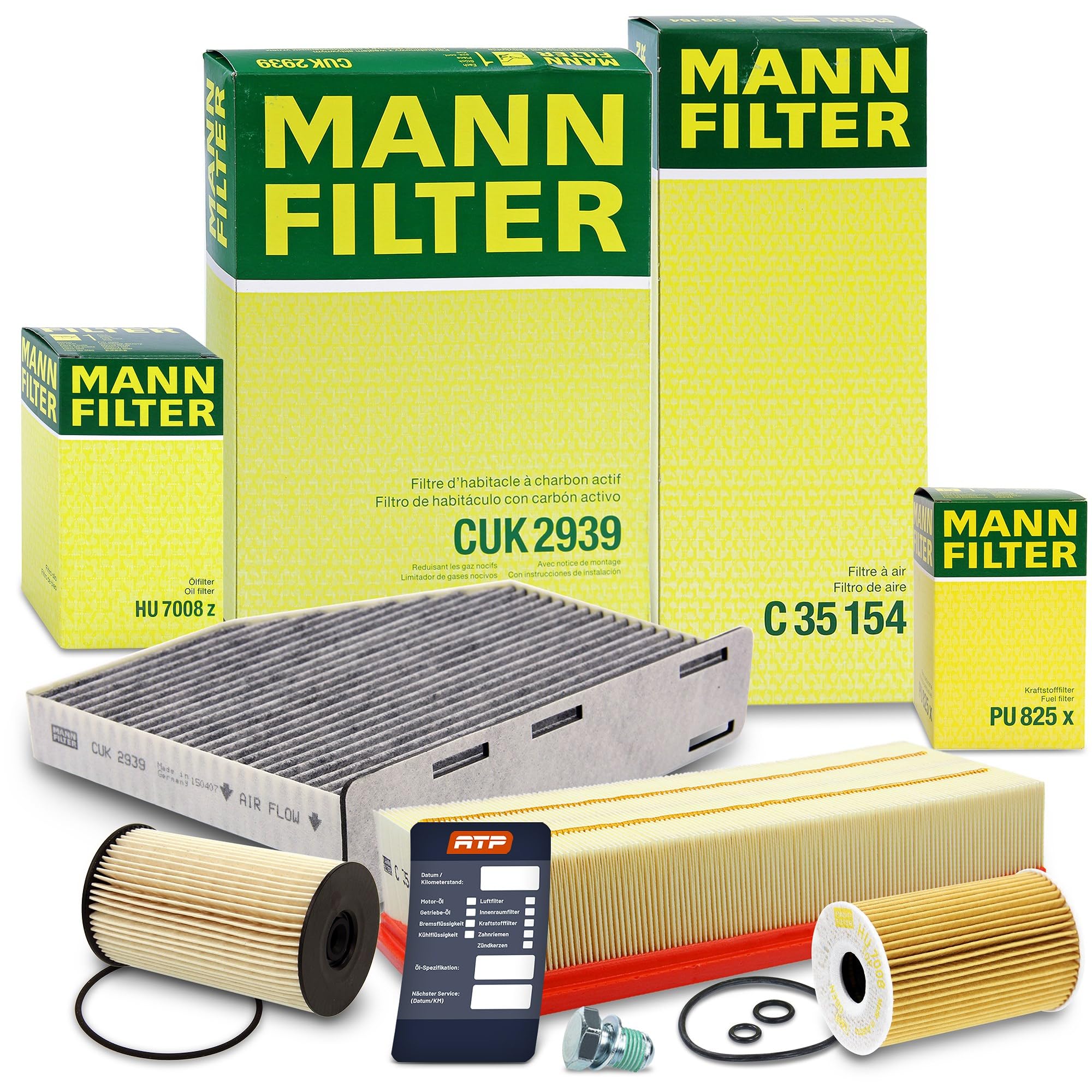 MANN-FILTER Inspektionspaket Filterset 1x Ölfilter, 1x Luftfilter, 1x Innenraumfilter (Aktivkohlefilter), 1x Kraftstofffilter, 1x Ölablassschraube, 1x Ölwechselanhänger,