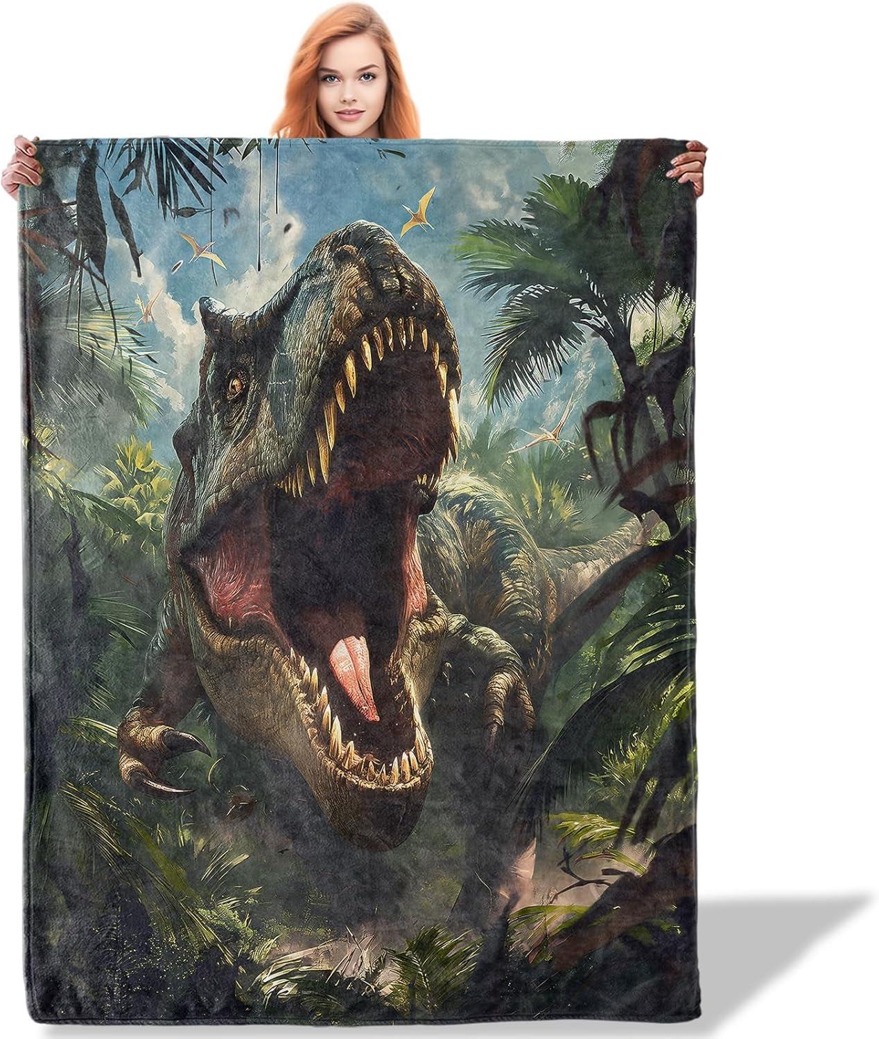 Dinosaur Pattern Throw Blanket 50"x60", Adventure Lover Blankets for Living Room Decor, Soft Flannel Polyester Dinosaur Gifts for Boys Kids