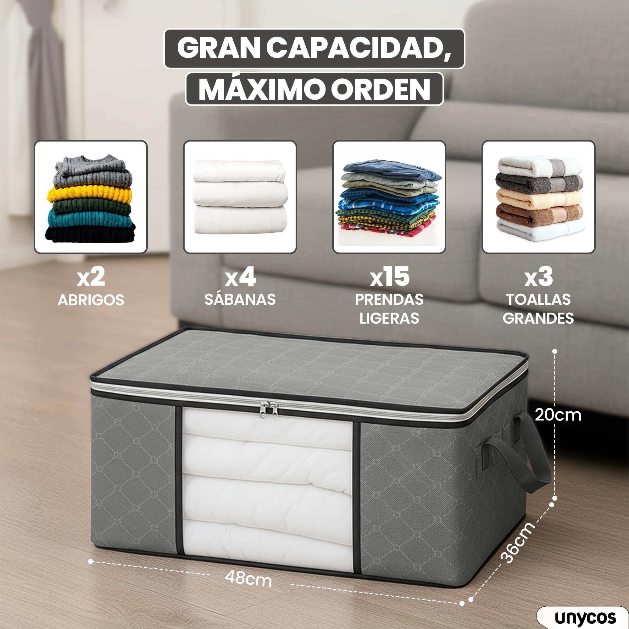unycos - Cajas para Almacenaje de Ropa x 6【35L】 Bolsas Plegables con Ventana Transparente, Doble Cremallera y Asas Reforzadas, Organizador de Toallas, Edredones, Juguetes | Hasta 10 kg (Grey/Black)