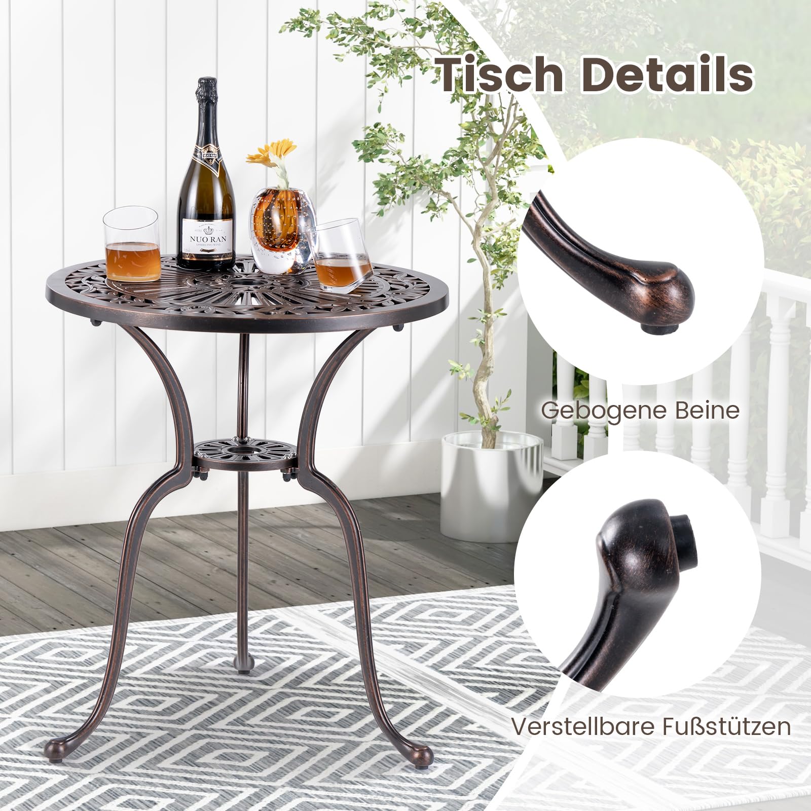 COSTWAY Gartentisch aus Aluminiumguss, 61x61x71cm, wetterfester Balkontisch mit Schirmloch und verstellbaren Fußpolstern, runder Bistrotisch für Garten, Hinterhof, Balkon