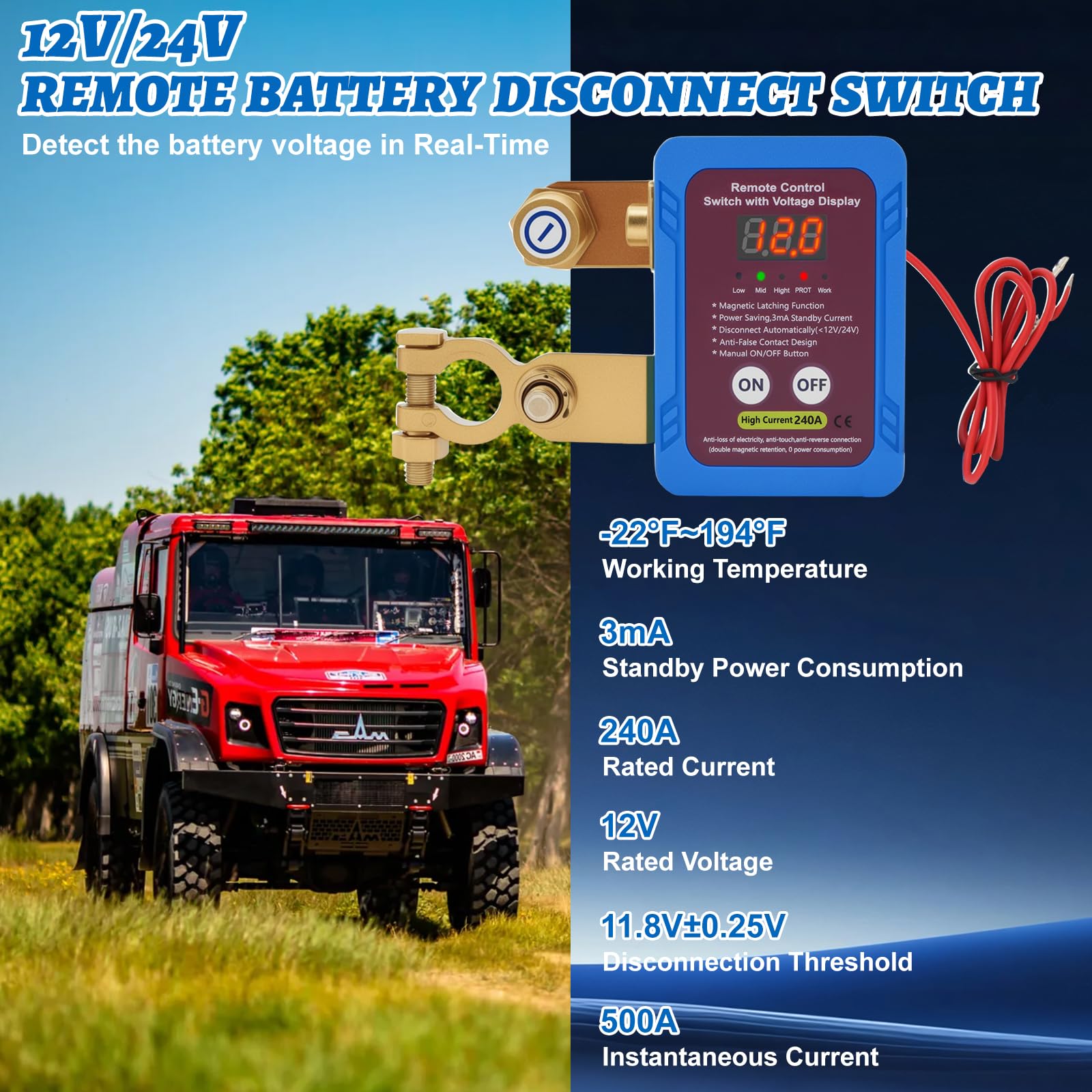 Disjoncteur de Batterie Télécommandé Sans fil - 12 V 240 A Coupe Circuit Voiture - Avec écran LED - Interrupteur D'Arrêt Automatique - pour Voiture RV Camion ATV Bateau