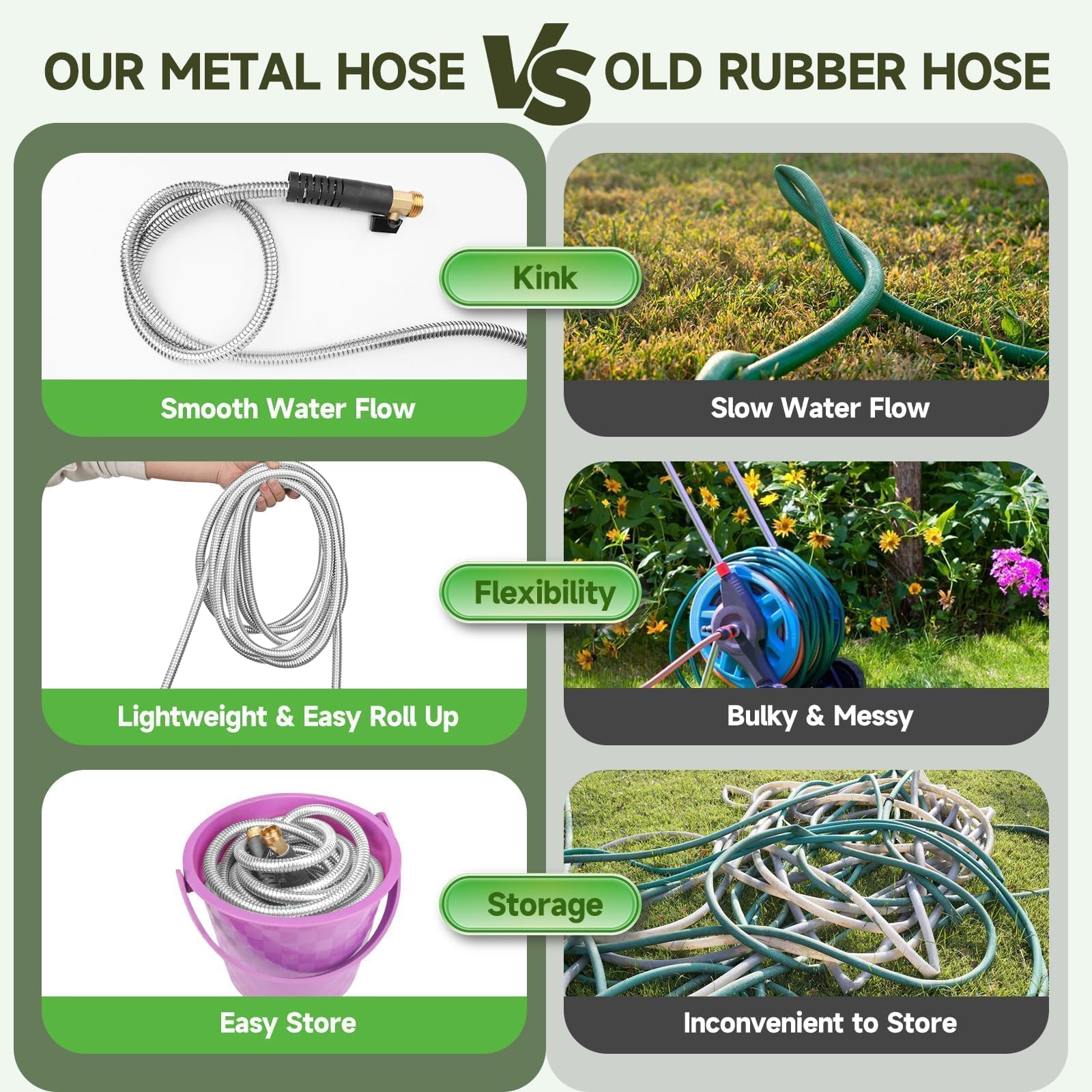 Manguera de jardín de metal flexible de acero inoxidable de 50 pies, resistente, ligera, fuerte, duradera, sin torceduras, manguera larga con boquilla de 10 funciones para patio al aire libre