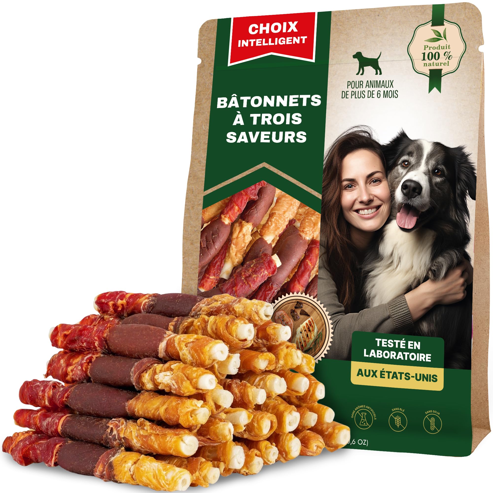Golosinas de cuero crudo para perros de triple sabor, carne de pato y pollo de grado humano, aperitivos secos naturales para mascotas, masticables de larga duración sin cereales para perros grandes y