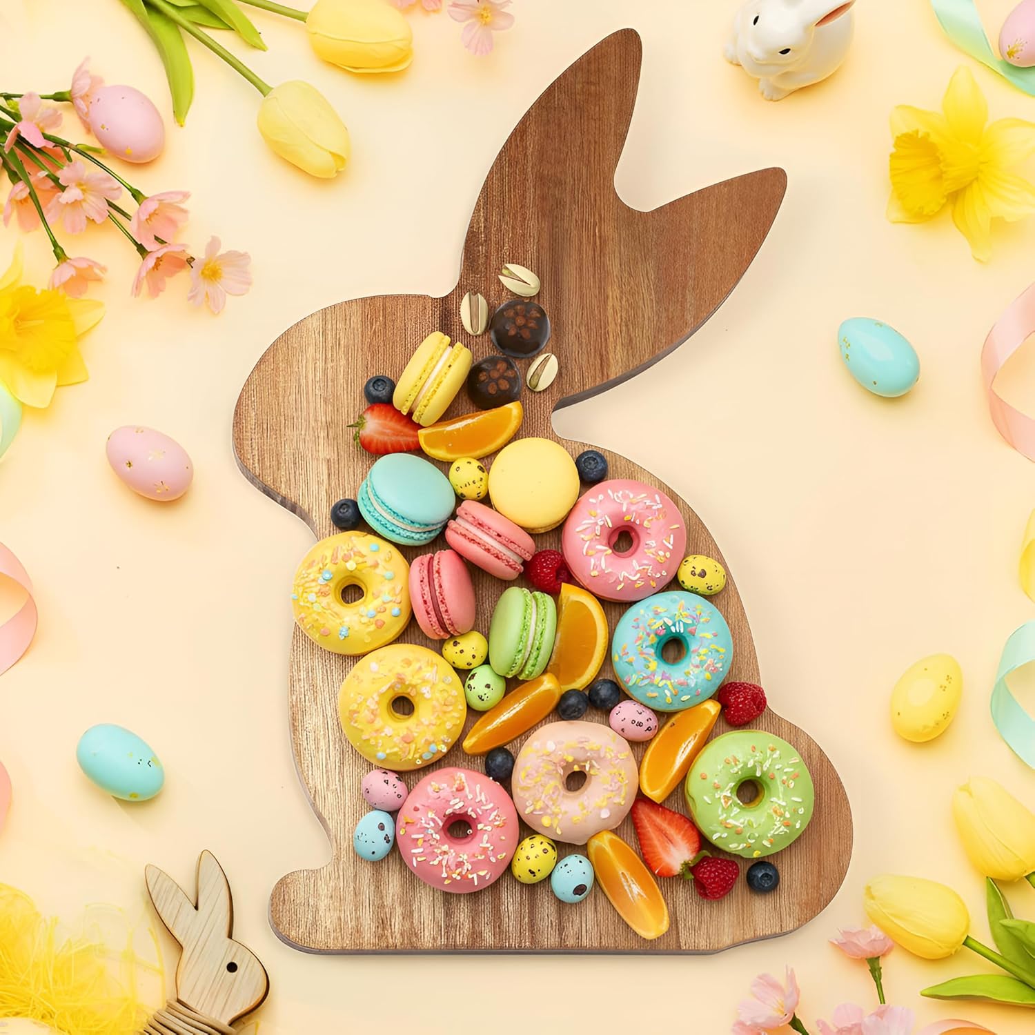 Potchen Easter Bunny Wood Cutting Board 15"x 9.5" Thick Charcuterie Cheese Board Large Decorative Serving Tray Food Platter for Easter Decoration Charcuterie Kitchen Meal Prep(Fun)