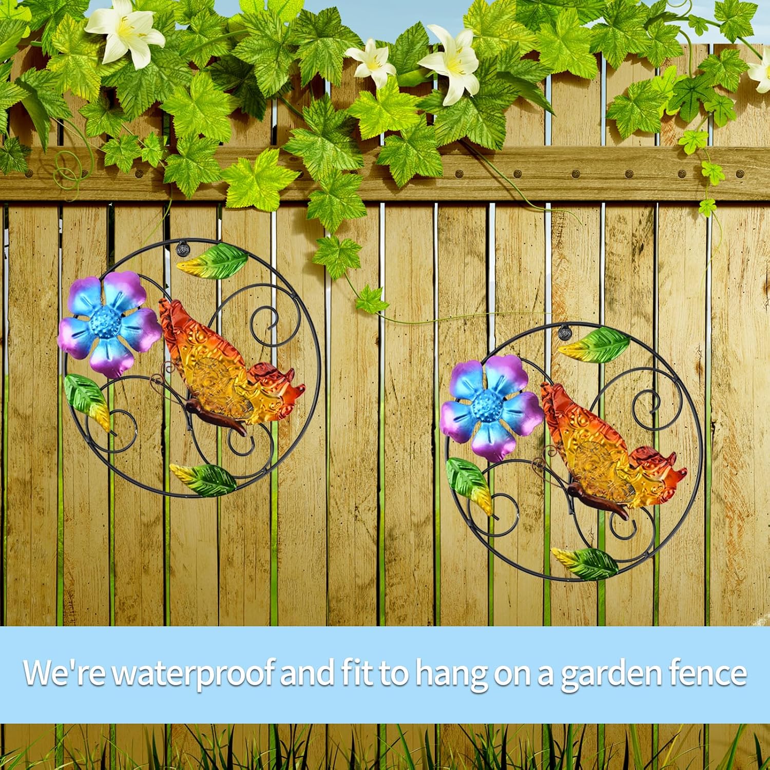 Jusimux 2 Pack the lovely Round Metal/Glass Butterfly and Flower wall Art Decor, 9.5 Inch Fence Decorations Outdoor Hanging Decor for Patio Bedroom Living Room Garden Yard