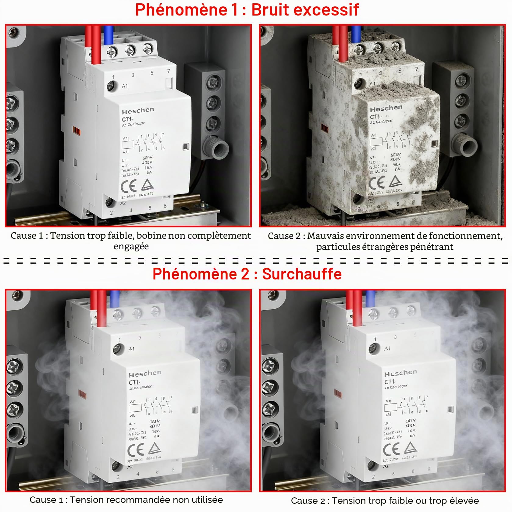 Heschen Contacteur ca domestique, HS1-25, Ie 25A, 4 pôles, 2NO 2NC, AC12V Tension de la bobine, 35mm Montage sur rail DIN