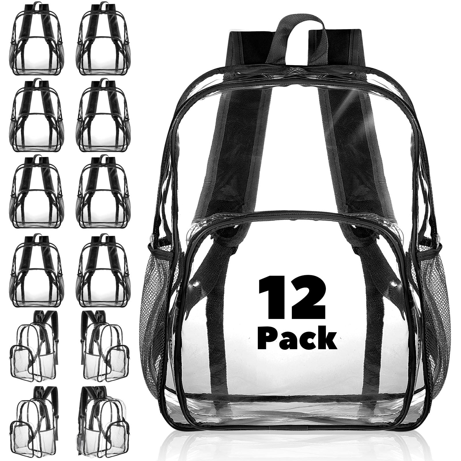Amylove 12 Pcs Clear Backpack bulk for Stadium Events Heavy Duty PVC Transparent Bookbag for College Workplace Security (15 Inches,Black)