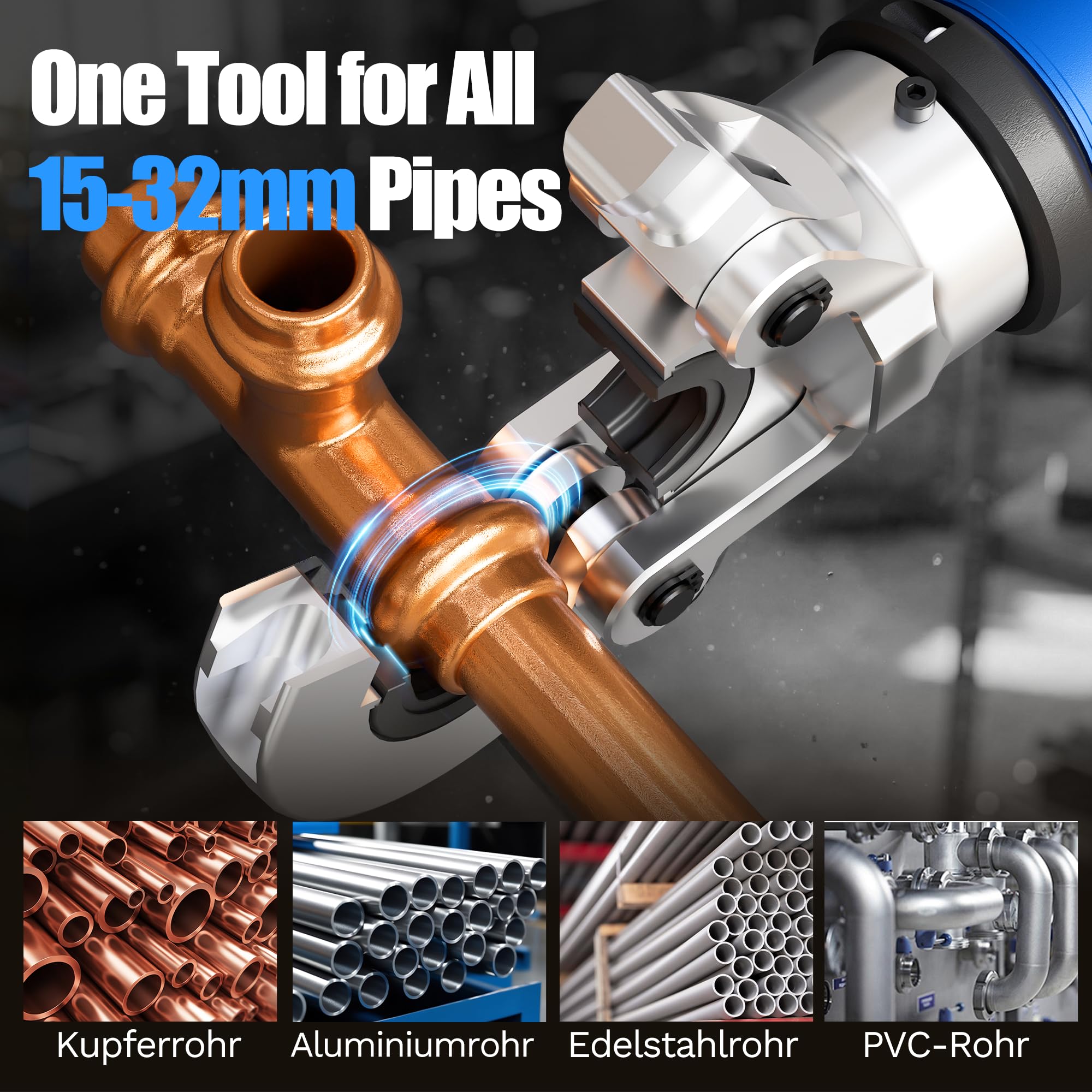 SWANSOFT 18V Prensa Hidráulica Eléctrica para Tubos con Perfil V/U/TH, Alicates de Prensa Hidráulica a Batería para Tuberías, Kit Completo con 12 Matrices V15-18-22-28 U16-20-25-32 TH16-20-26-32