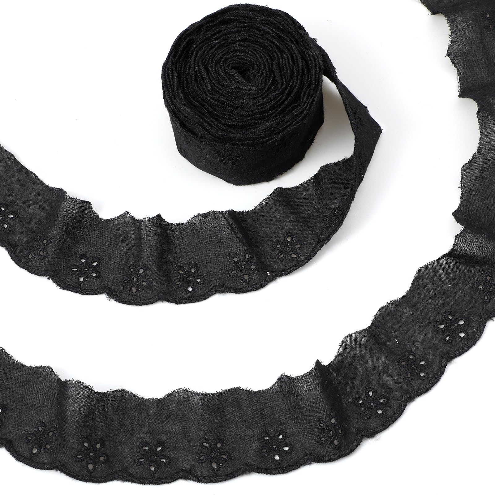 15 Yards Lace Trim White Cotton Lace Trim Eyelet Floral Ribbon Wavy Edge Embroidery Ruffle Trims for Sewing Dress Clothes Bag Dolls & Pets Clothes (1.57 Inches Wide) (Black)