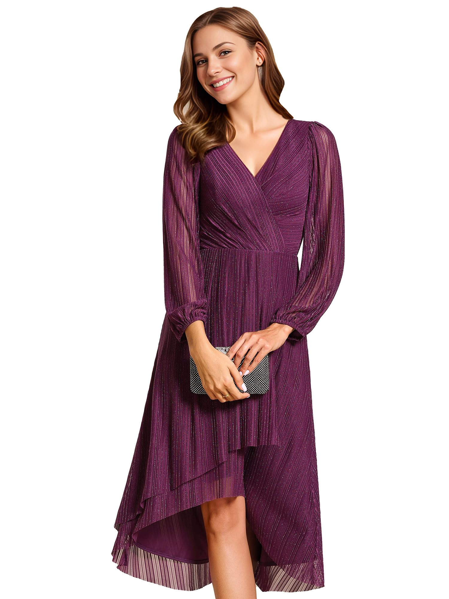 Ever-Pretty Vestido Boda Mujer Invitada Midi Elegantes Vestido de Fiesta Manga Larga Mujer EG02266