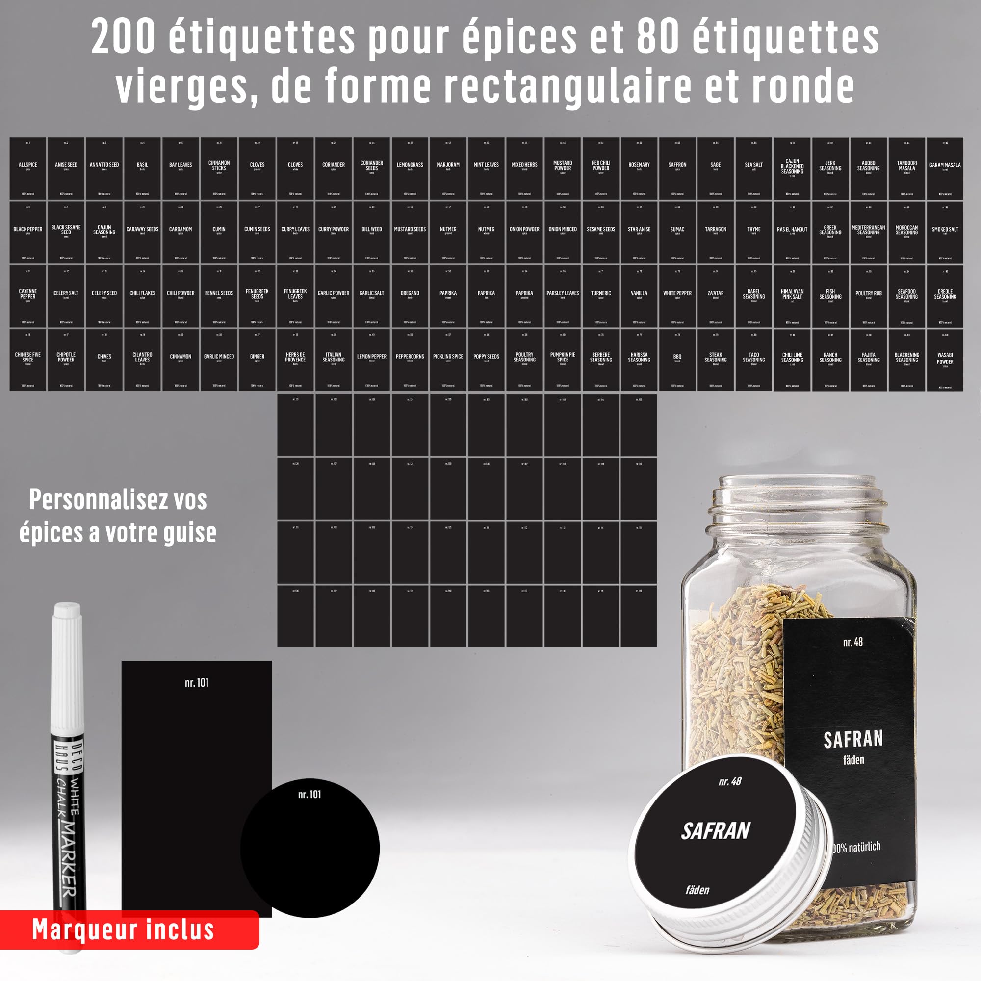 Deco haus® Lot de 36 Bocaux à Épices Carrés Hermétiques [avec Étiquettes & Saupoudreur] - Bocaux en Verre - Pot a Epices en Verre et Bois, Spice Jars - Récipients d'Épices - Pot à Epices