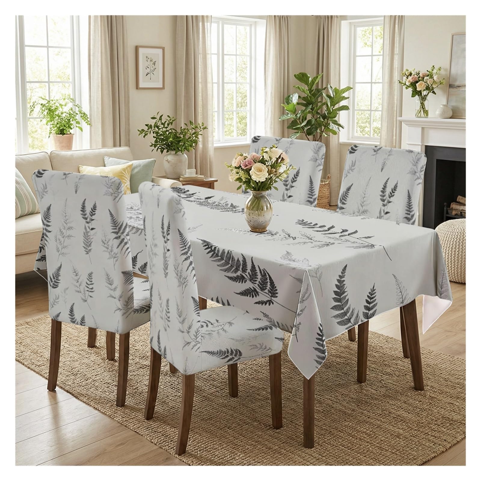 KXUAUV Elegant Fern Dining Set Covers, 5/7 Piece Tablecloth With Matching Chair Slipcovers In Soft Grey For A Calm And Modern Dining Experience Party Decor(5pcs Set: Tablecloth+Chair Covers)
