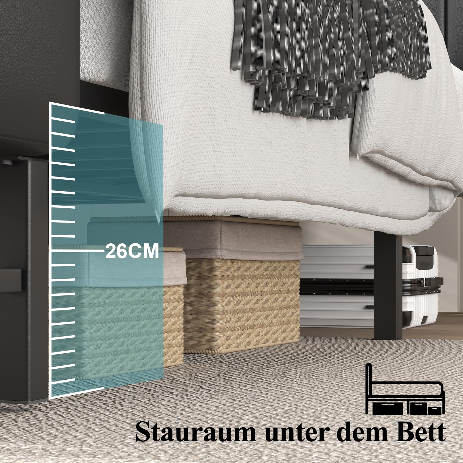 E-Motie Bett 180x200，Polsterbett mit Sternenprojektor, Ladestation und Aufbewahrungsbank， Doppelbettgestell 180 x 200 cm mit Gepolstertes Kopfteil und Lattenrost, Geräuschlos, Modern, Schwarz