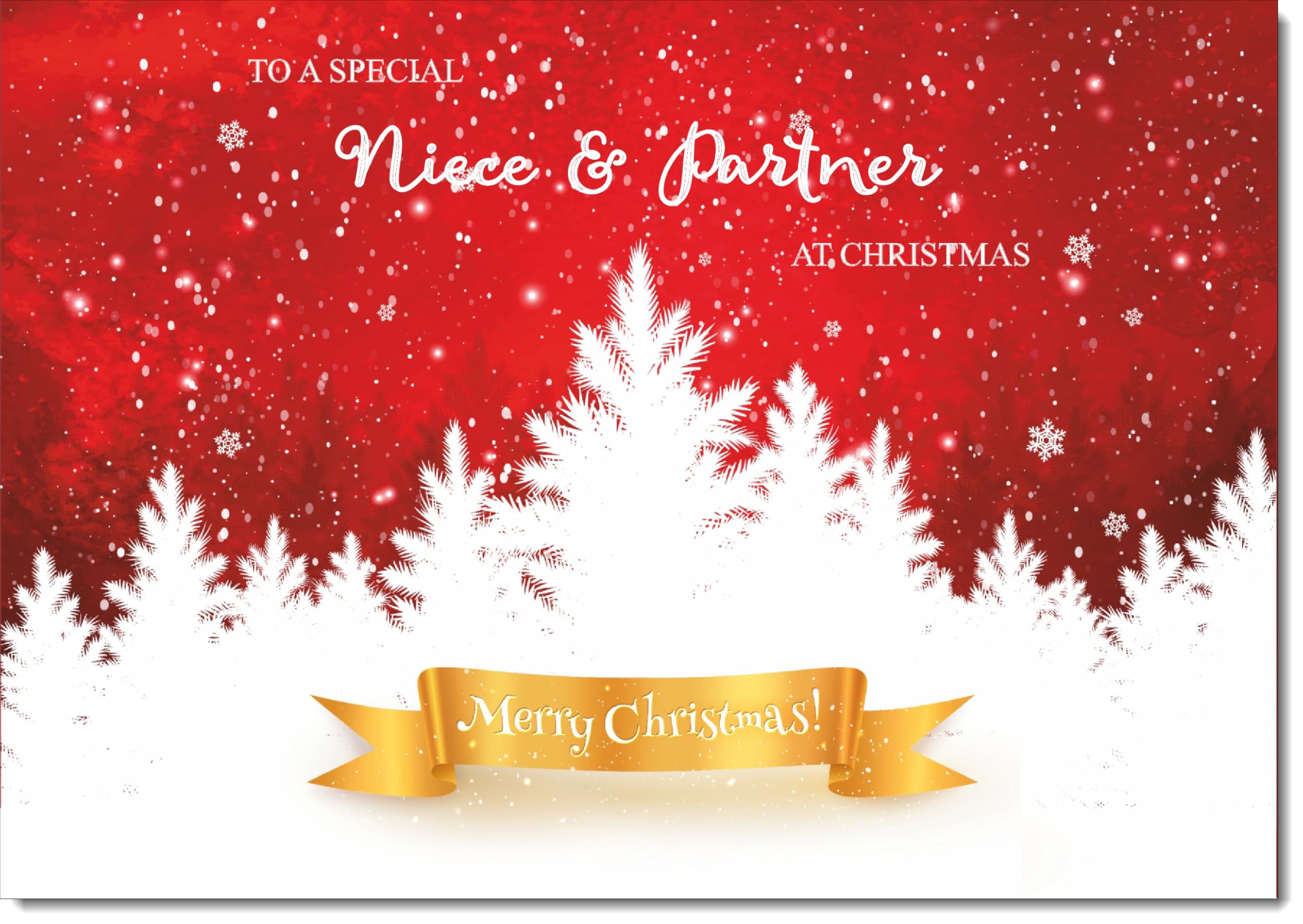 doodlecards Niece and Partner Christmas Card White Forest with Red Sky Large A4 Size Christmas Card for Niece & Partner with Plain Envelope