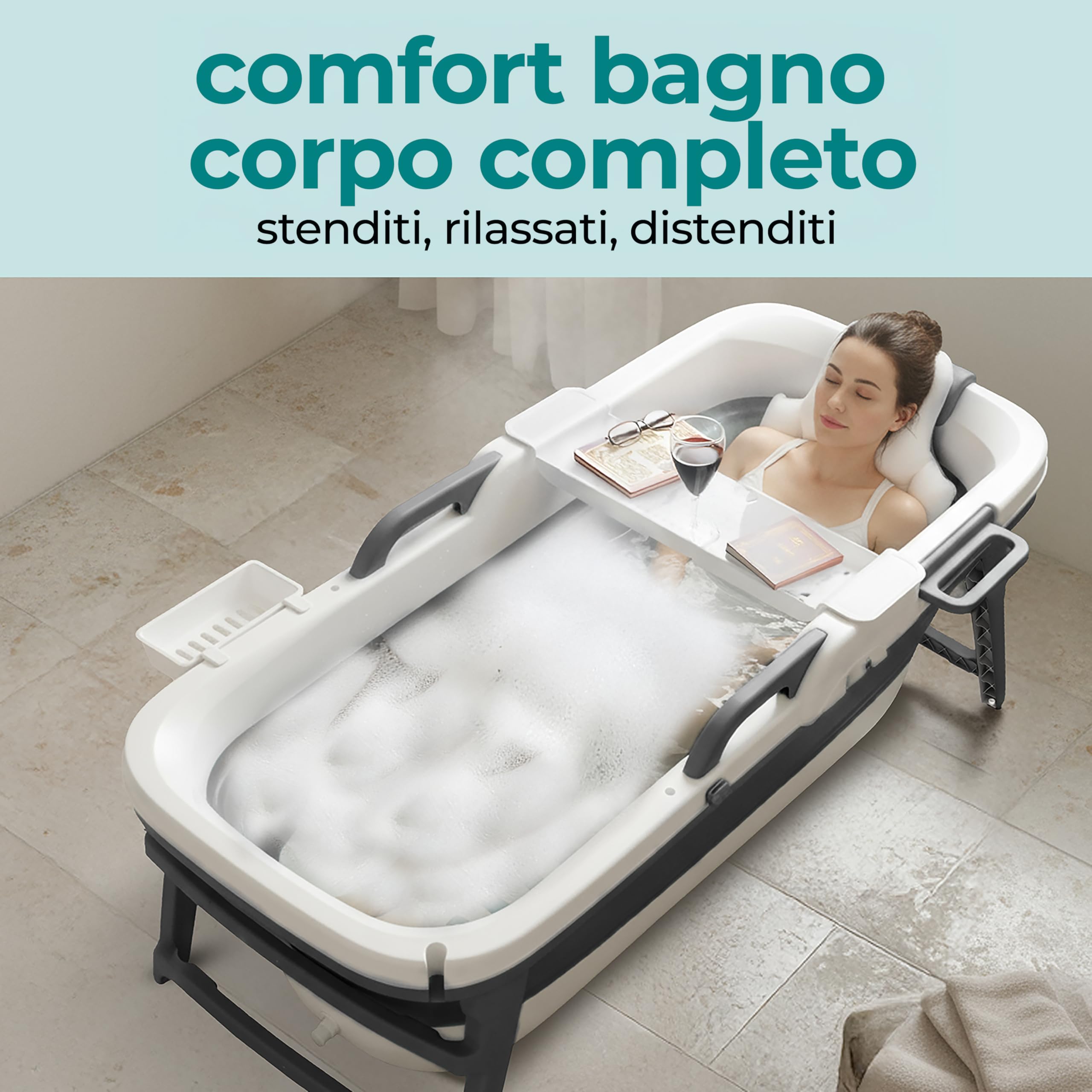 SereneLife Vasca da Bagno Portatile per Adulti, 150x60x58cm, Spa Portatile Domestica, Relax Pieghevole, Vassoio, Borsa e Tubo di Scarico, Bagno Caldo o Freddo, Antiscivolo, Leggera, Interno/Esterno